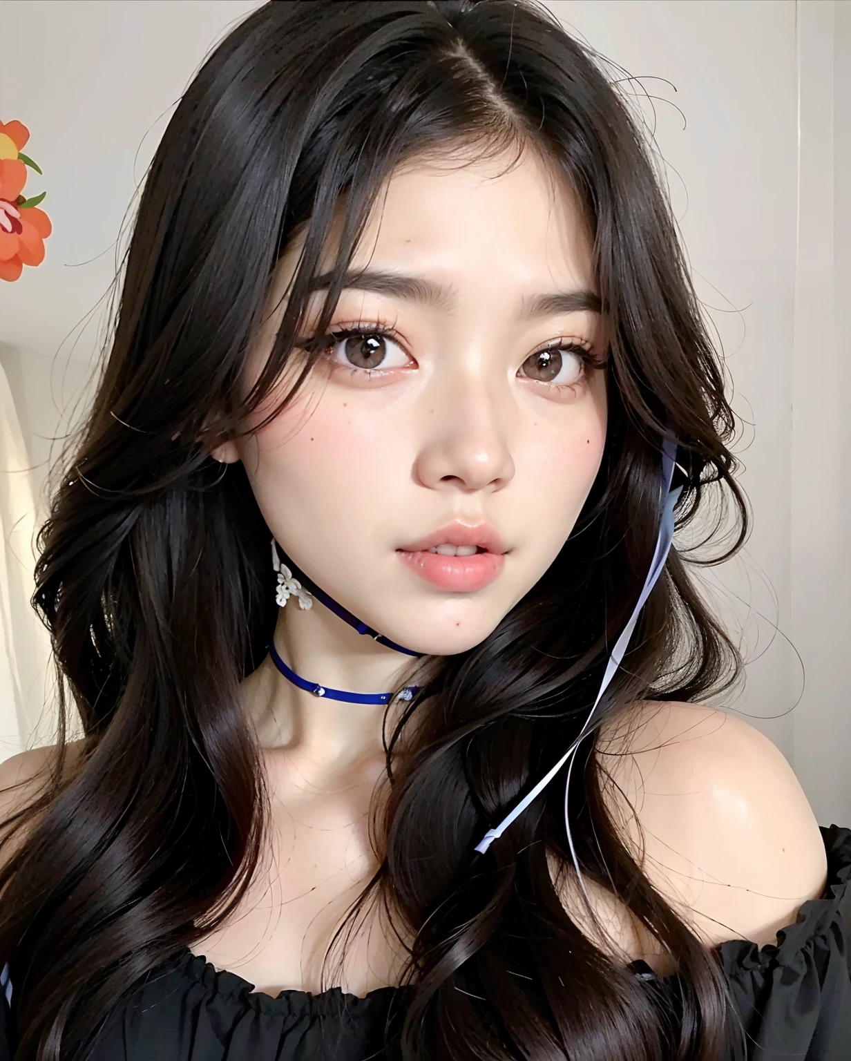 um close up de uma mulher com longos cabelos pretos usando um estrangulamento, Ulzzang, maquiagem sul-coreana popular, maquiagem coreana popular, pale porcelain white skin, beautiful aesthetic face, com cabelos longos e olhos penetrantes, wan adorable korean face, Retrato Jisoo Blackpink, korean face features, Sakimichan, menina coreana, pale snow white skin, pale round face