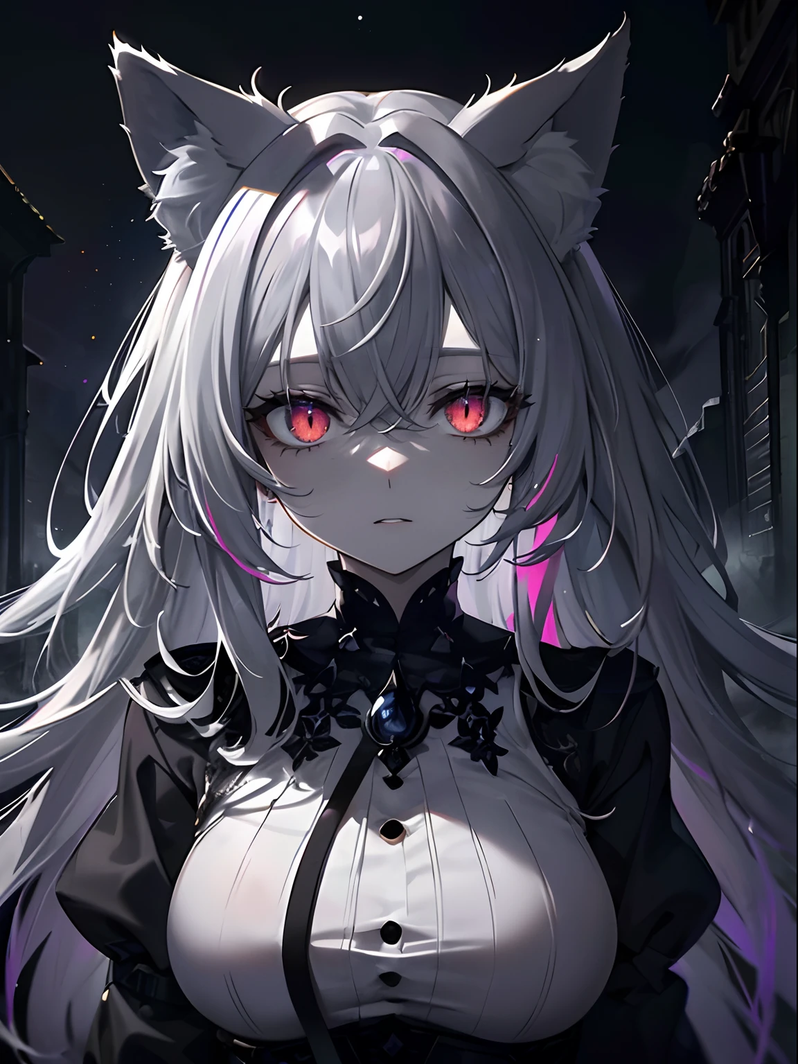 (masterpiece,best quality,ultra-detailed),1girl, multicolored hair,messy hair,thick hair,beautiful and detailed face, detailed eyes,looking at viewer,((grey theme),pale skin,fox ears,glowing eyes,((night)),((dark ambient,creepy ambient)),(in the moon),starry sky