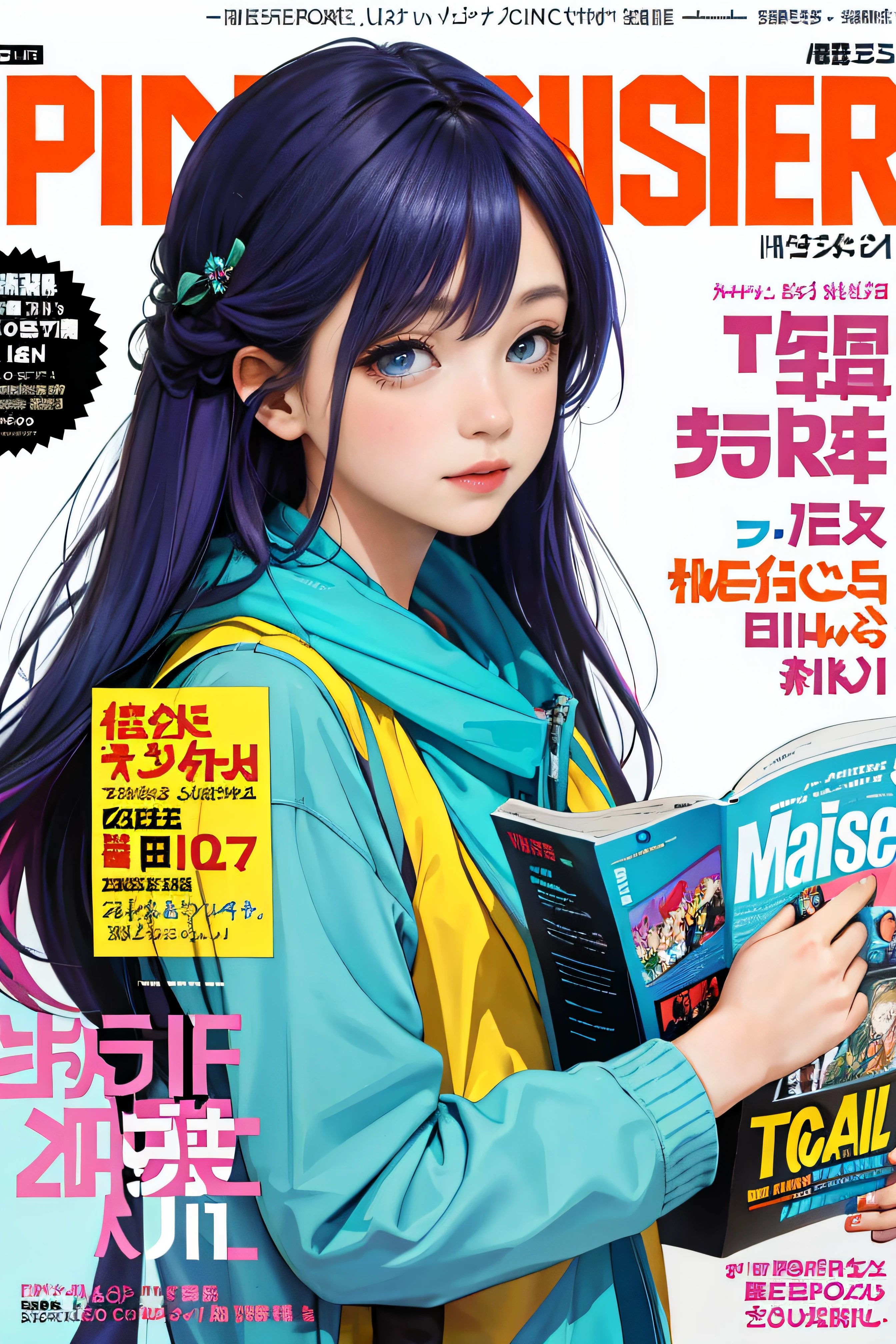 masterpiece, best quality, spring outfit, colorful hair, outdoor, magazine cover ,upper body,