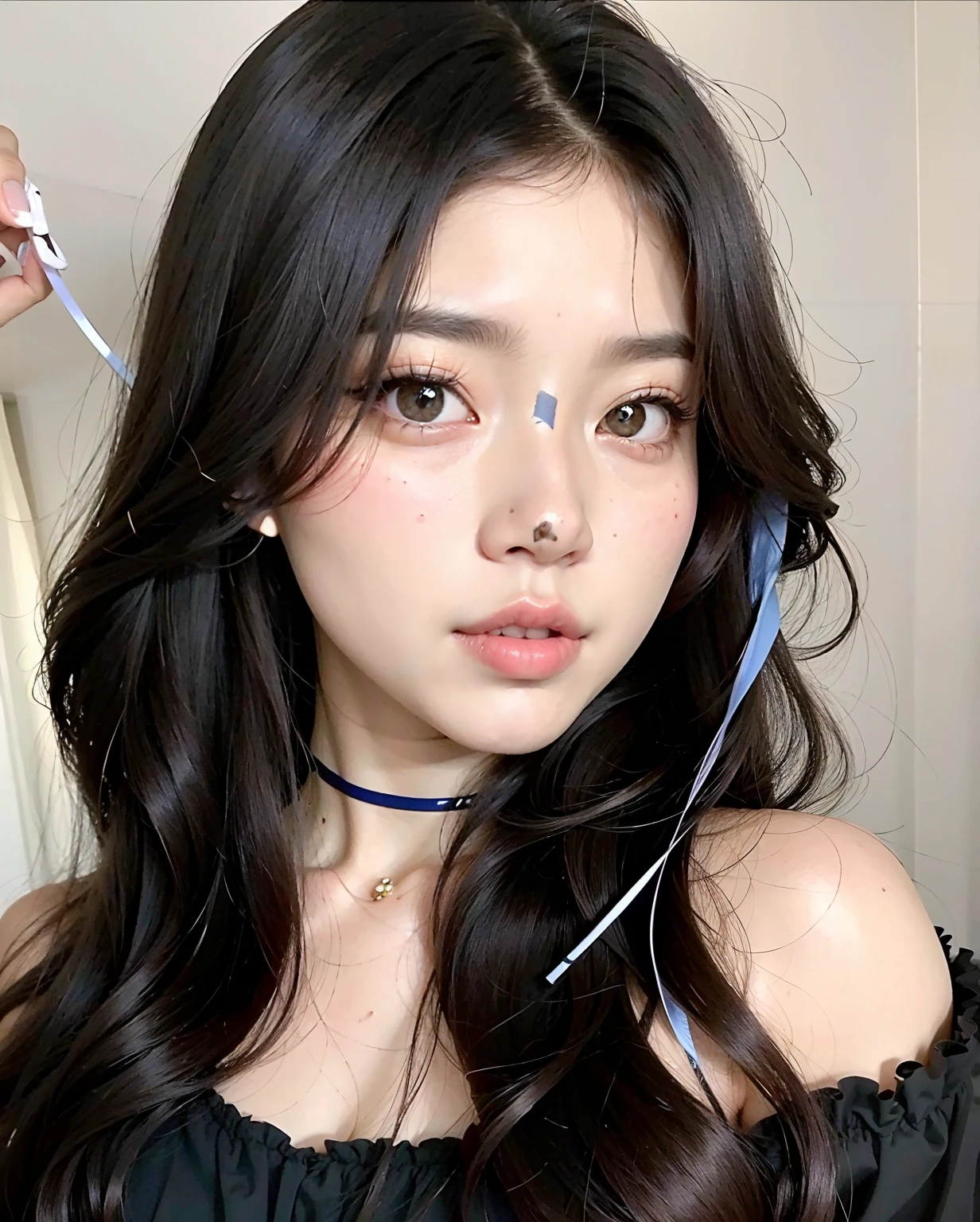 um close up de uma mulher com longos cabelos pretos usando um estrangulamento, Ulzzang, maquiagem sul-coreana popular, maquiagem coreana popular, pale porcelain white skin, beautiful aesthetic face, com cabelos longos e olhos penetrantes, wan adorable korean face, Retrato Jisoo Blackpink, korean face features, Sakimichan, coreana, pale snow white skin, pale round face