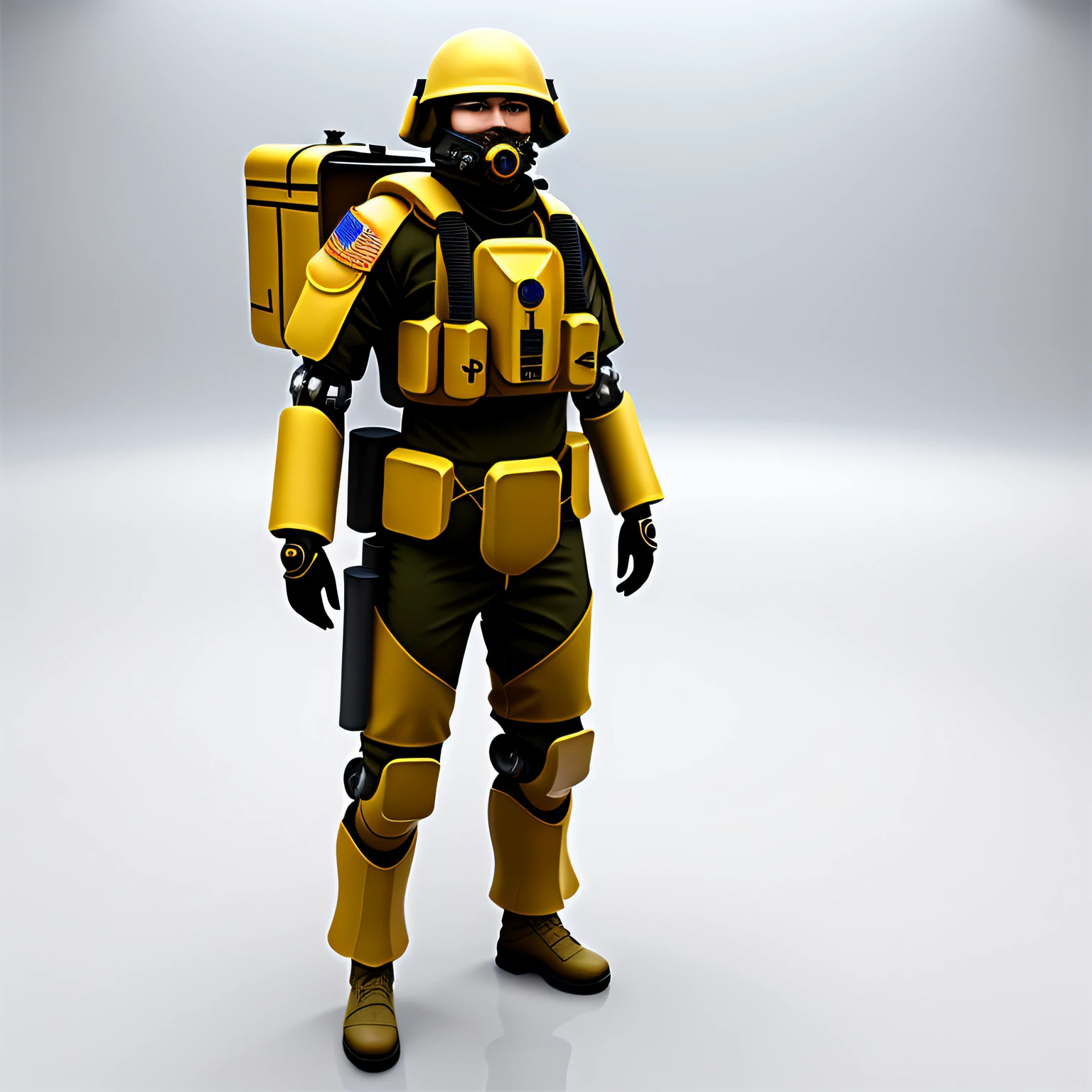 A soldier in a military-futuristic costume, Dome on the head, face cloaseup, Mechanical suit on bright white background, whitebackground, White background for asset, t-pose, full length, For the asset, For the game, asset
