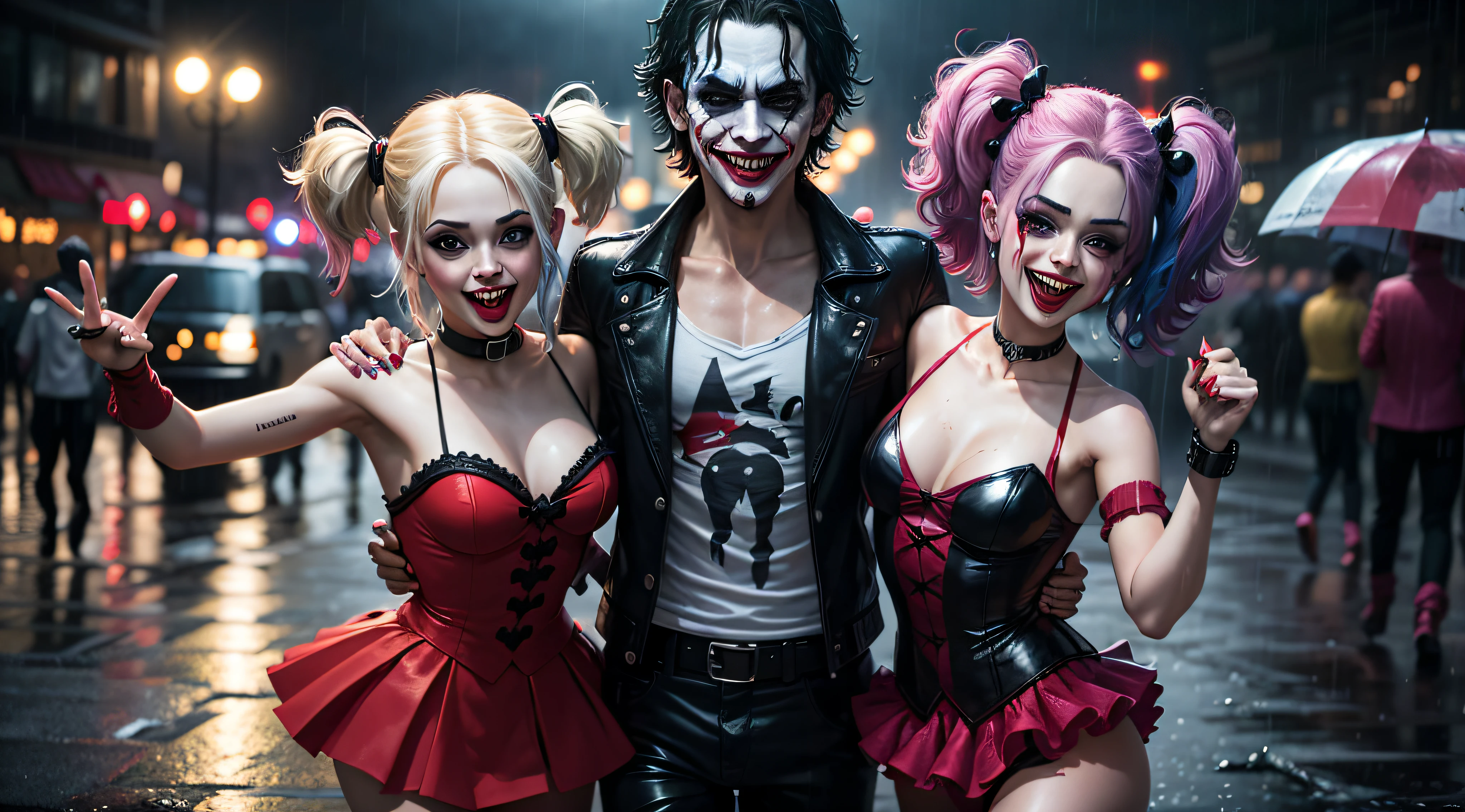 (hiquality) (foto realista), Joker couple and Harley Quinn dancing in the rain at night