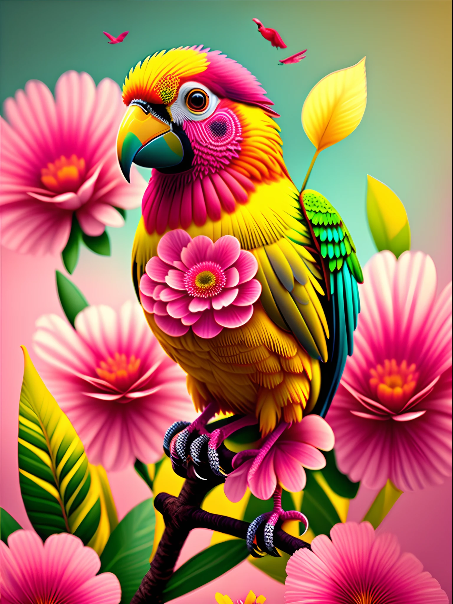 pink flowers, CGI art, red-yellow color, surreal parrot, Pinterest, photorealistic art style, rich colors, AI-generated images, highly detailed portrait, bird sitting on a branch singing for you, breathtaking rendering