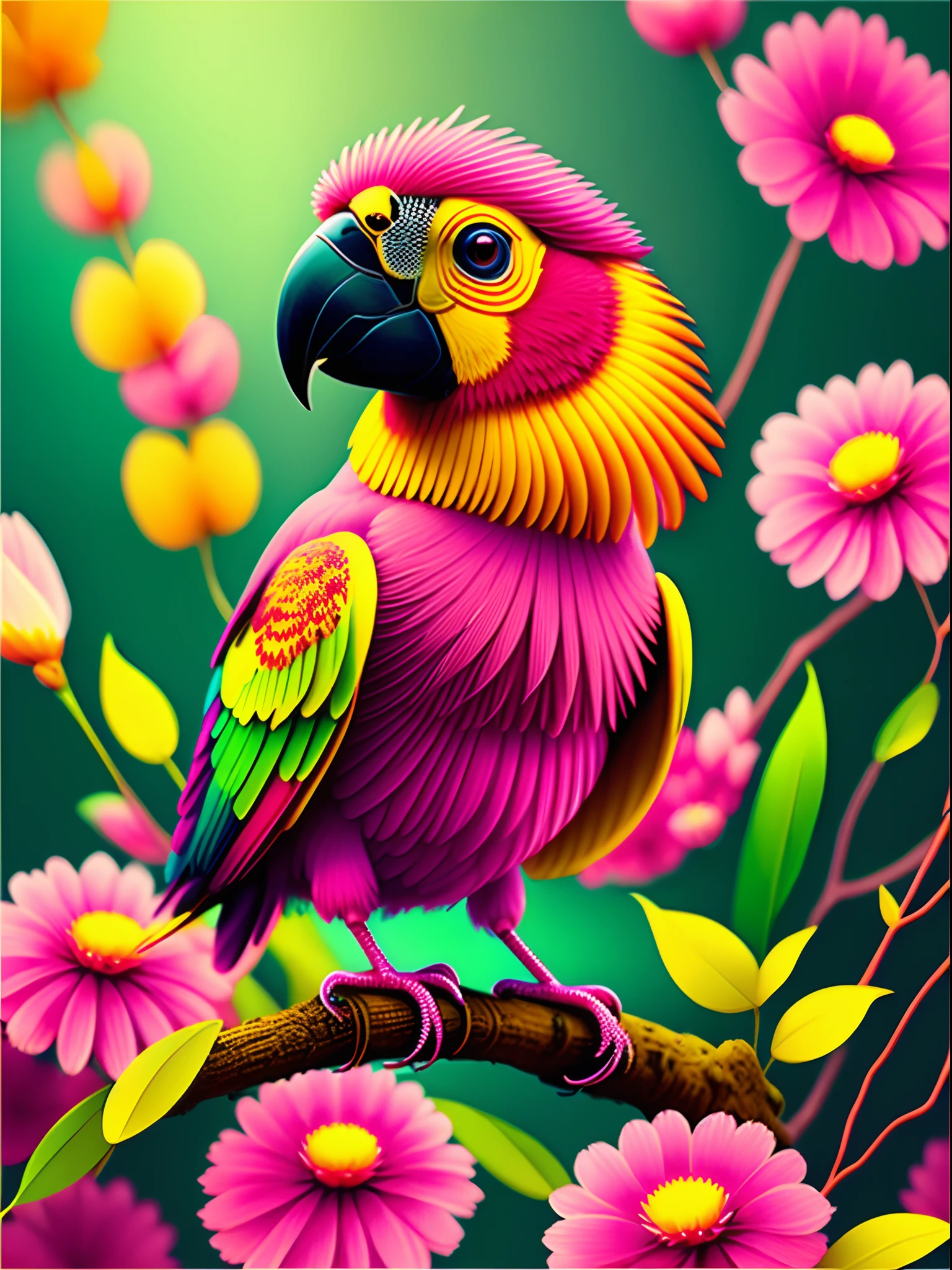 pink flowers, CGI art, red-yellow color, surreal parrot, Pinterest, photorealistic art style, rich colors, AI-generated images, highly detailed portrait, bird sitting on a branch singing for you, breathtaking rendering