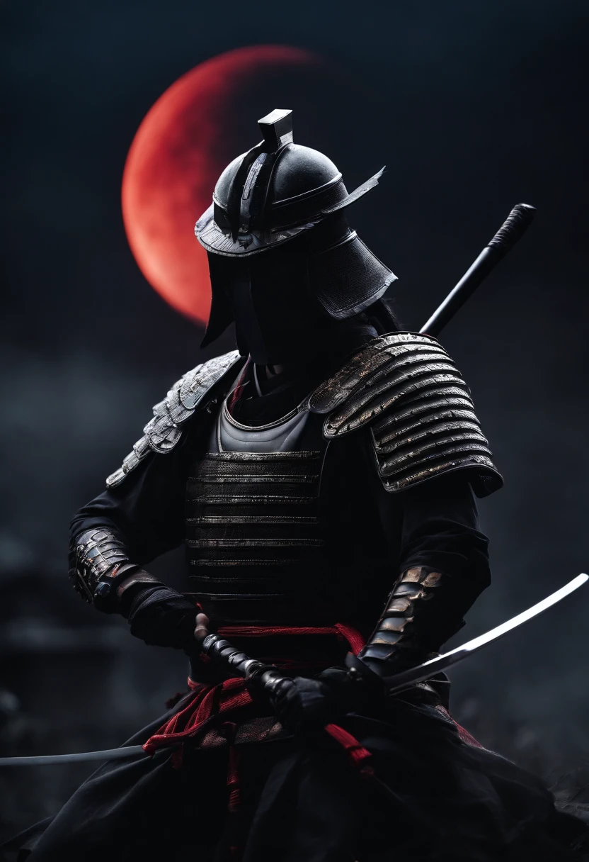 Samurai in Japan wear blindfolds,No helmet,,Holding a katana in front of the red moon, Urban Samurai, anthem game inspiration, epic image, Era,Frontal photo,Extremely meticulous,full armour,frontal photos,relaxing,No helmet,Bunched hair,Black armor