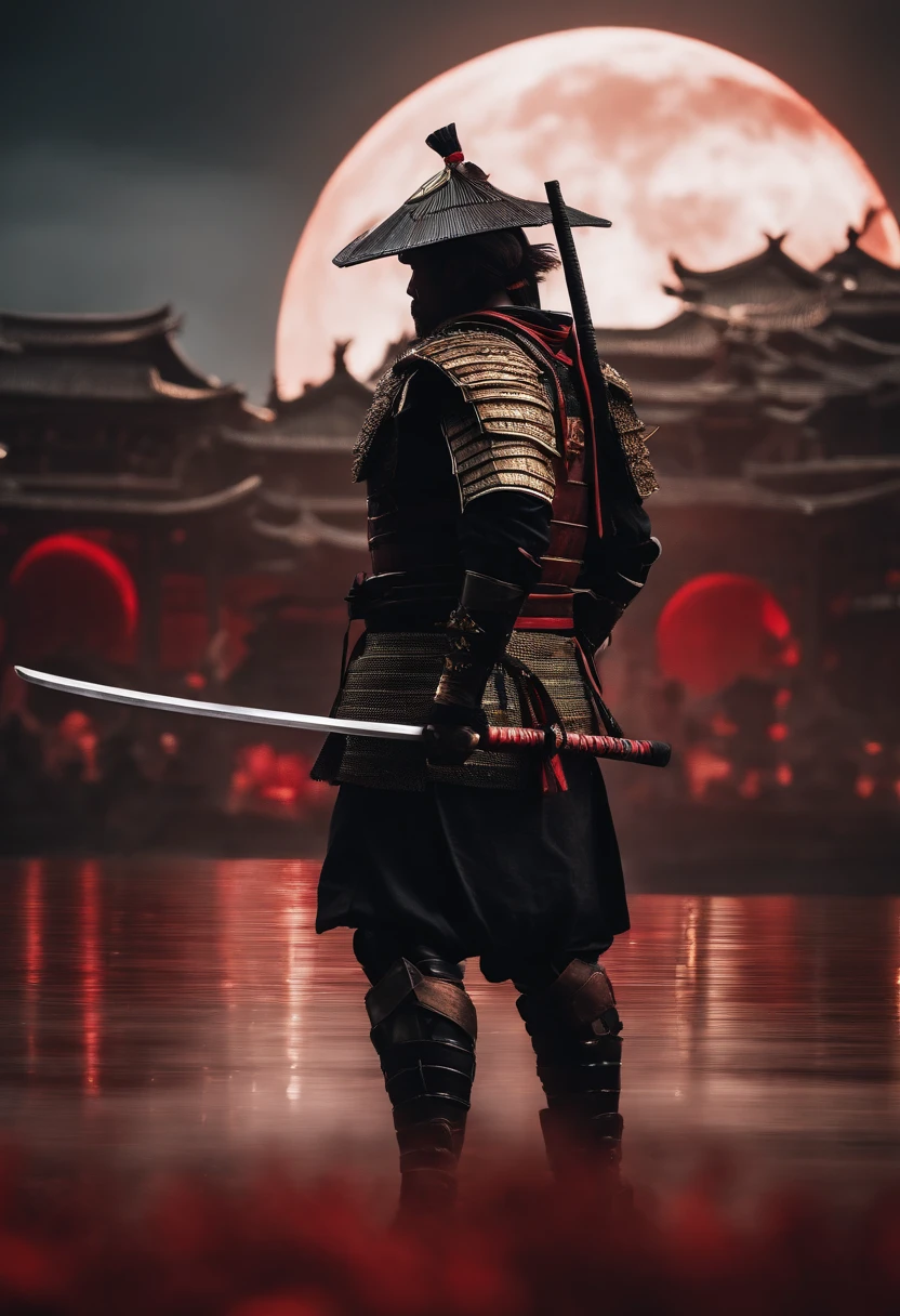 Samurai in Japan wear blindfolds,No helmet,,Holding a katana in front of the red moon, Urban Samurai, anthem game inspiration, epic image, Era,Frontal photo,Extremely meticulous,full armour,frontal photos,relaxing,No helmet,Bunched hair,Black armor
