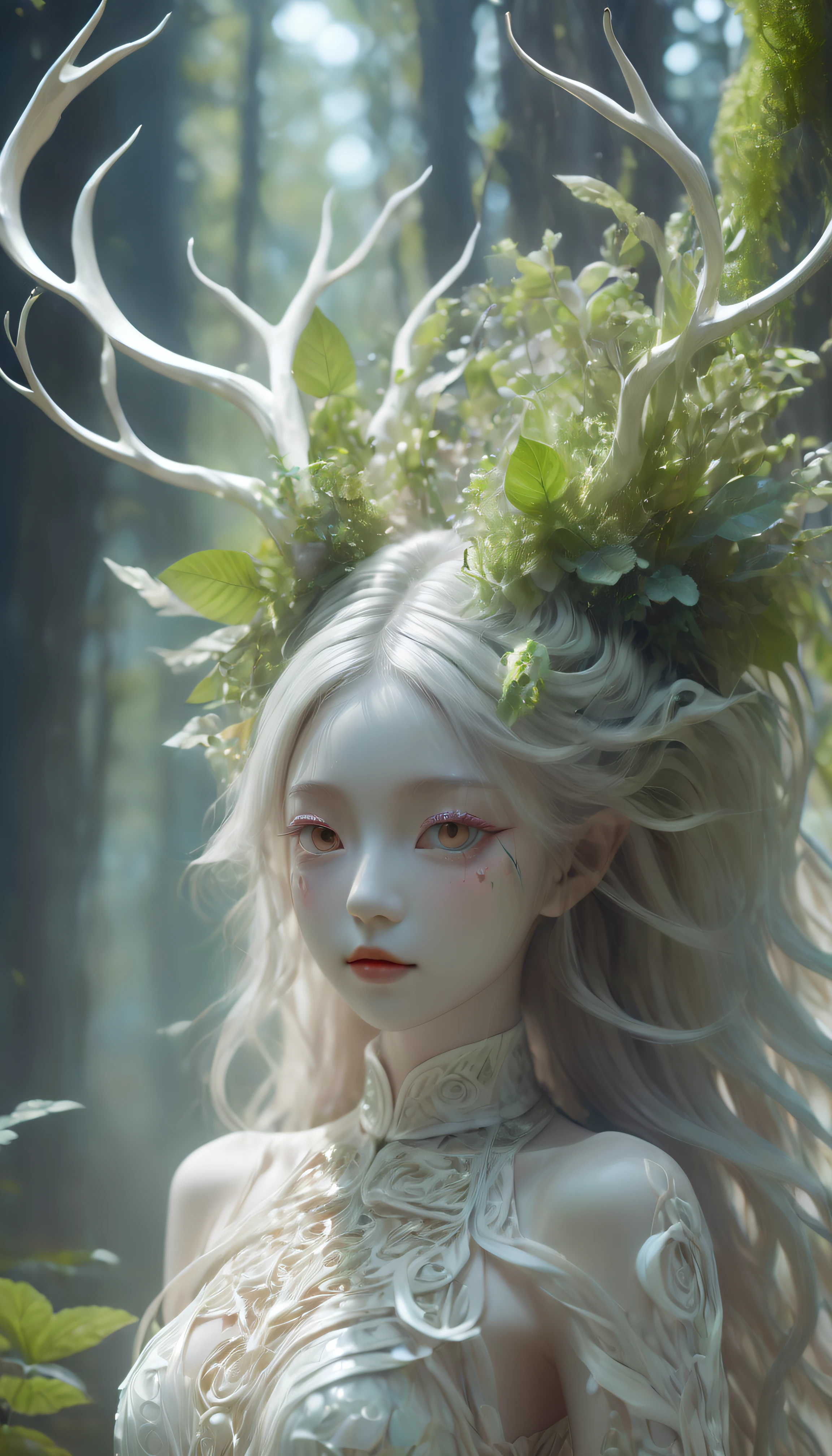 White dragon plant girl,(A girl made from fresh plants),forest,plant,Beautiful psychedelic psychedelic white complex made in detail,Cute face,Long hair,8K,Ultra-fine knots,deer antlers,
