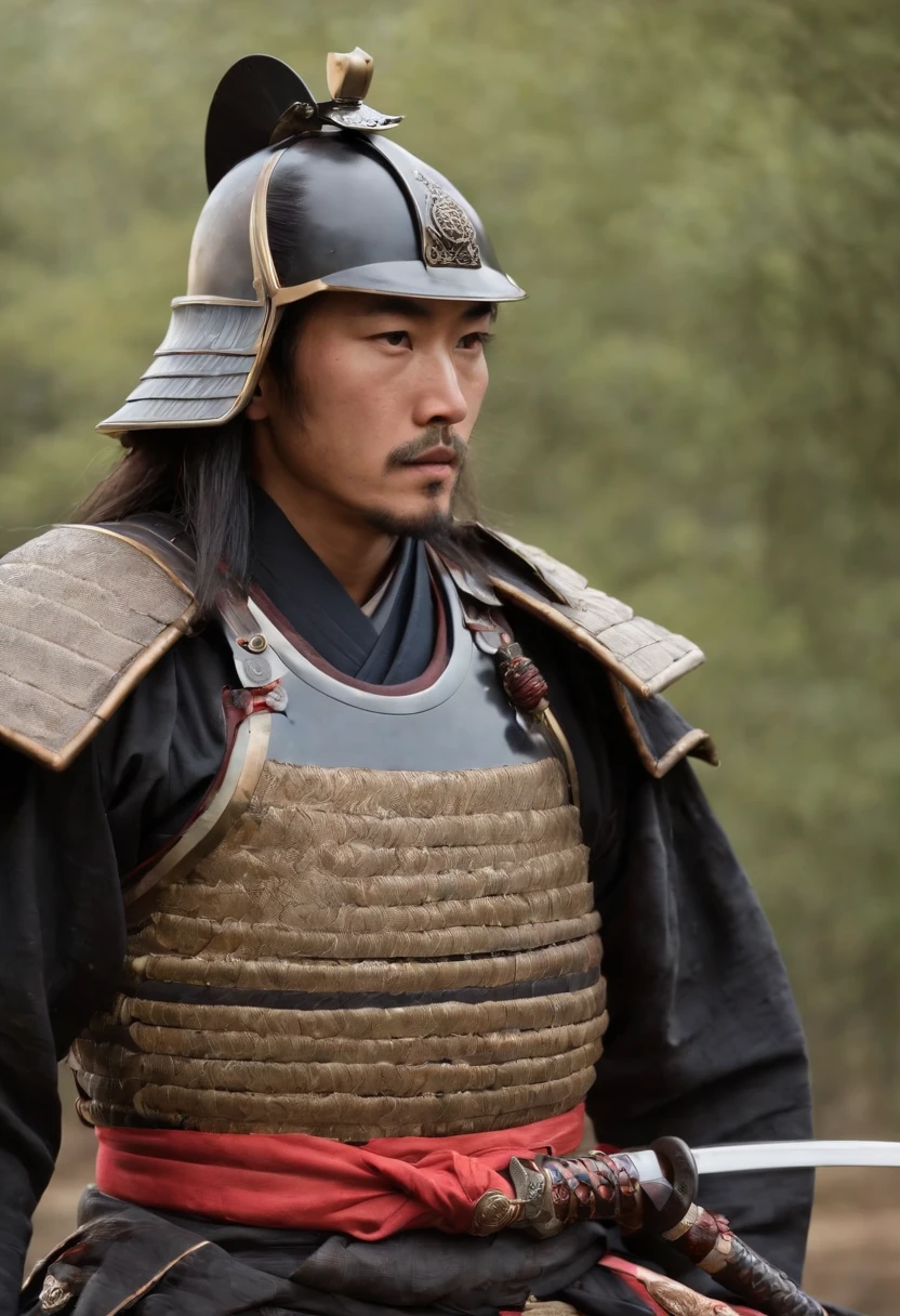 Samurai in Japan wore blindfolds,No helmet,,Holding a katana in front of the red moon, Urban Samurai,, epic image, Era,Frontal photo,Extremely meticulous,full armour,frontal photos,relaxing,No helmet,Bunched hair,Black armor