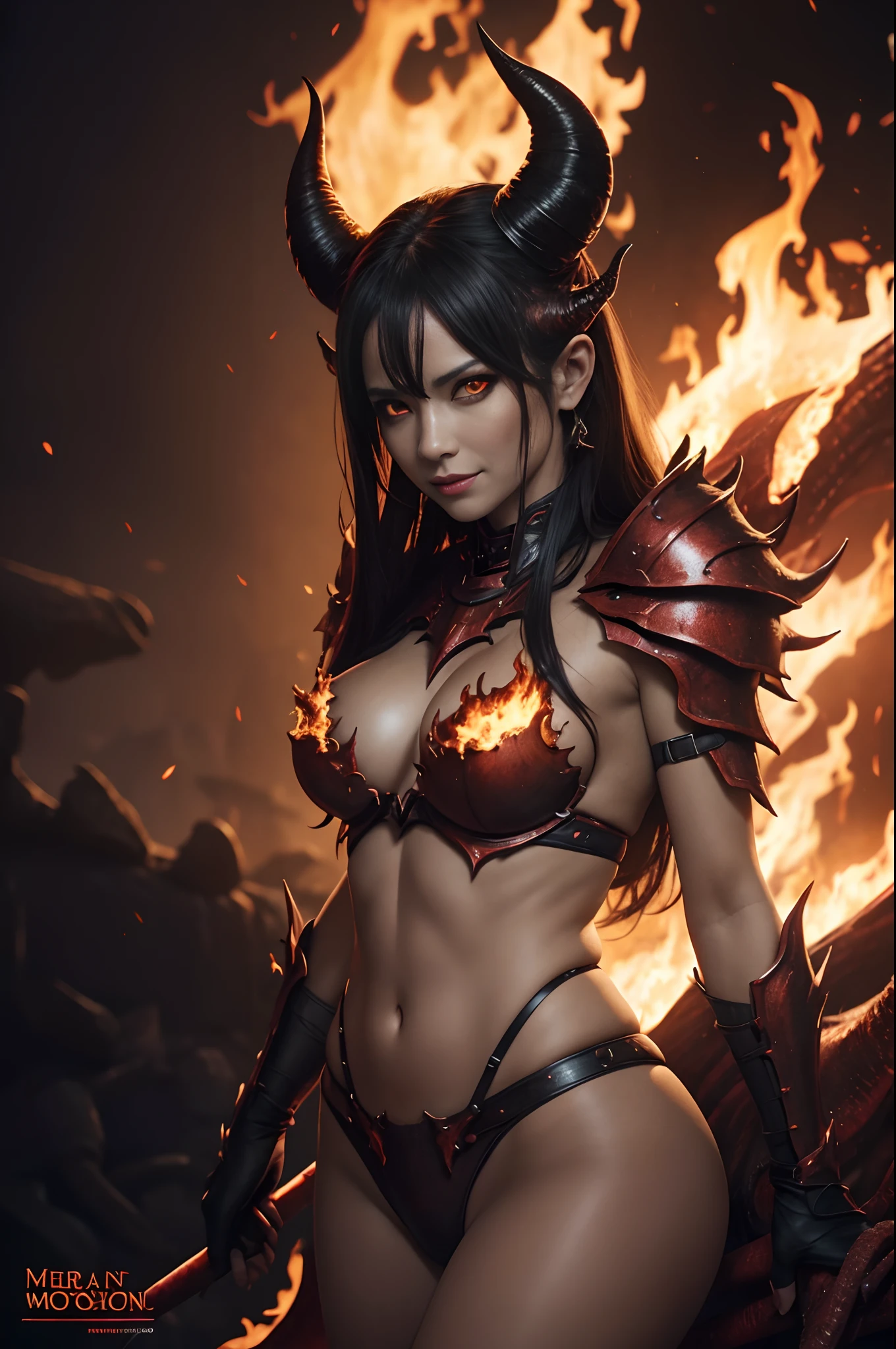 Beautiful mature female demon, horns, tail, cruel smile, red skin, sexy fetish armor, wreathed in fire, (fiery eyes:1.2), temptation, taking your soul, hellscape background, tortured souls, hordes of hell in the distance, (masterpiece), (photorealistic:1.4), RAW photo, best quality, high res, rich colors, backlight, bright sunlight, cinematic lighting, film grain, raw photo, 50mm lens, Nikon D850, warm colors