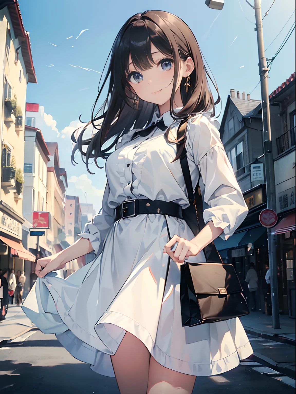 (8K、top-quality、​masterpiece:1.2)、(reallistic、Photorealsitic:1.2)、Holiday Afternoon、Little girl enjoying shopping、Beautiful sky、watching at viewers、A smile、large full breasts、Fine and beautiful eyes、Variety of hairstyles、Variety of hair colors、Different hair lengths、appearance々Eye color、 Everyday clothes、Fashionable clothes、Skirt