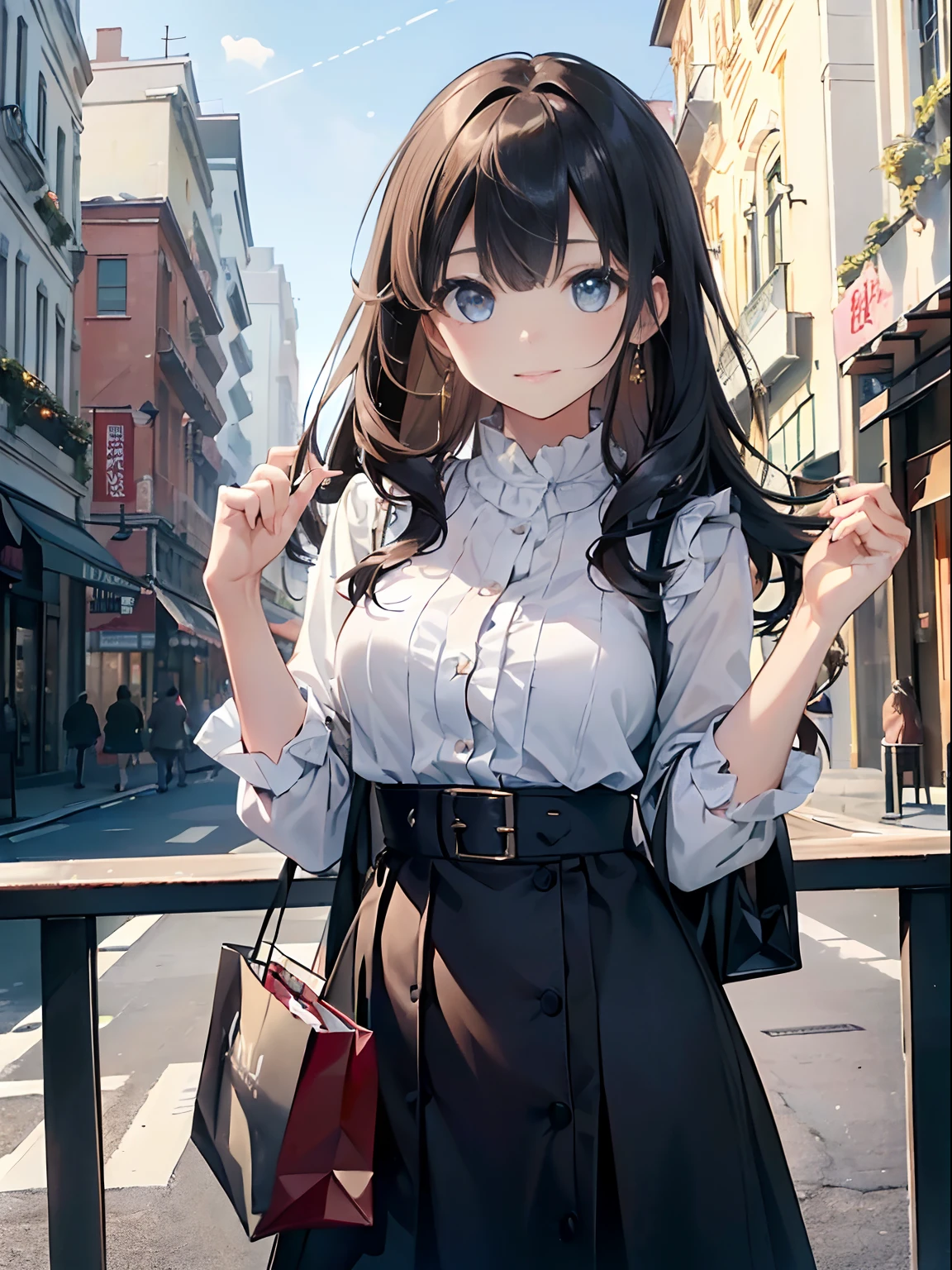 (8K、top-quality、​masterpiece:1.2)、(reallistic、Photorealsitic:1.2)、Holiday Afternoon、*********** enjoying shopping、Beautiful sky、watching at viewers、A smile、large full breasts、Fine and beautiful eyes、Variety of hairstyles、Variety of hair colors、Different hair lengths、appearance々Eye color、 Everyday clothes、Fashionable clothes、Skirt