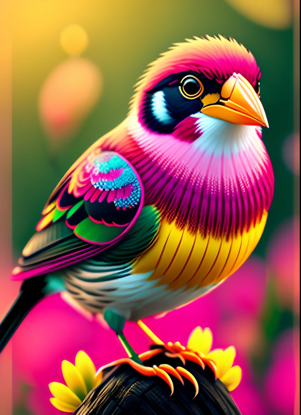 pink flowers, CGI art, red-yellow color, surreal sparrow, Pinterest, photorealistic art style, rich colors, AI-generated images, highly detailed portrait, bird sitting on a branch singing for you, breathtaking rendering