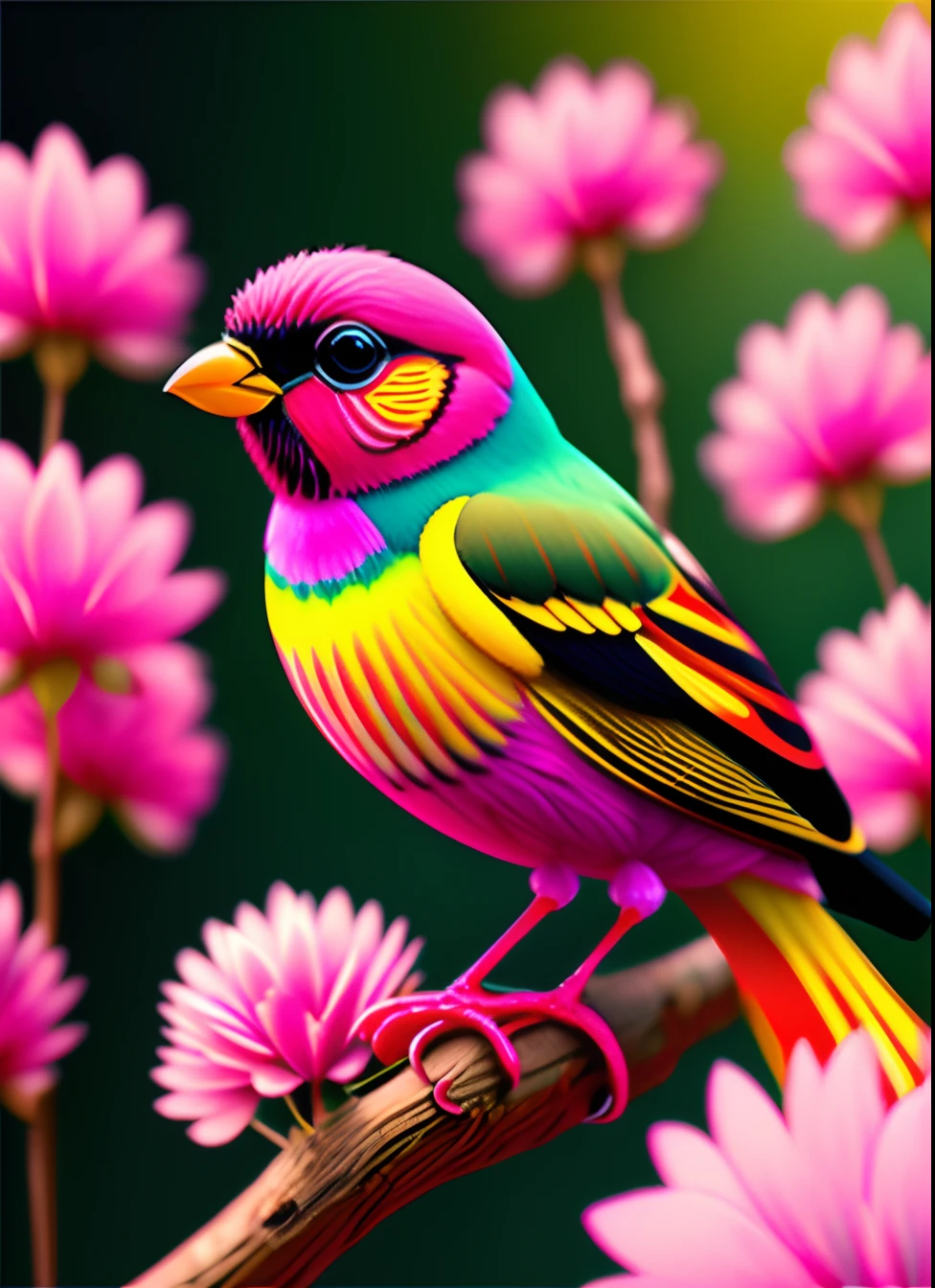 pink flowers, CGI art, red-yellow color, surreal sparrow, Pinterest, photorealistic art style, rich colors, AI-generated images, highly detailed portrait, bird sitting on a branch singing for you, breathtaking rendering