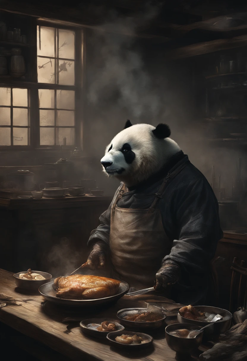 Realism, 真实感,Painting by Jean-Baptiste Monge,  Capture a touching moment, When a giant fluffy panda in a chef's apron, with a Chef's cap on his head,  Standing behind the stove in a restaurant., Crowded restaurant, Old Vintage BD Restaurant, People look at him, Savoring a plate of meat, Fried Chicken, and a glass of icy cute. A panda's face should glow with pure happiness and wonder, With a mouthful of Naxi Lemak, It doesn't matter, that for the first time to try this favorite roasted meat, 4k, Realistic Lighting,  Smoke effect, A lot of smoke, The kitchen is lit in the background,