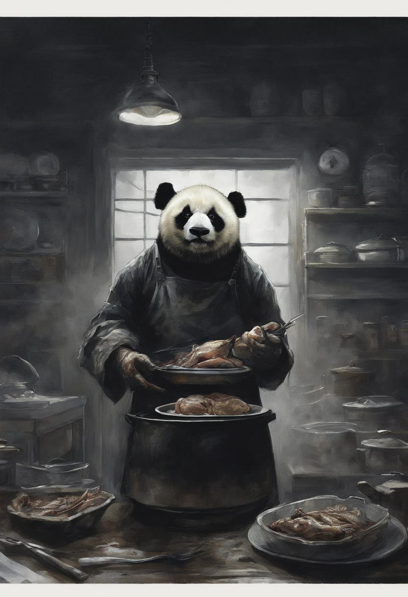 Realism, 真实感,Painting by Jean-Baptiste Monge, Capture a touching moment, When a giant fluffy panda in a chef's apron, with a Chef's cap on his head, Standing behind the stove in a restaurant., Crowded restaurant, Old Vintage BD Restaurant, People look at him, Savoring a plate of meat, Fried Chicken, and a glass of icy cute. A panda's face should glow with pure happiness and wonder, With a mouthful of Naxi Lemak, It doesn't matter, that for the first time to try this favorite roasted meat, 4k, Realistic Lighting, Smoke effect, A lot of smoke, The kitchen is lit in the background,