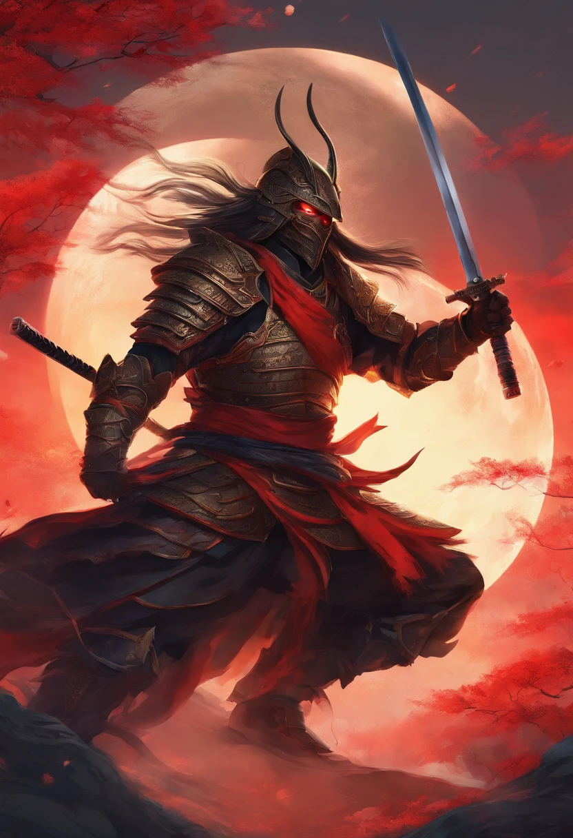 Samurai in Japan wore blindfolds，No helmet，，Holding a katana in front of the red moon, Urban Samurai,, epic image, Era,Frontal photo，Extremely meticulous，full armour，frontal photos，relaxing，No helmet，Bunched hair，Black armor