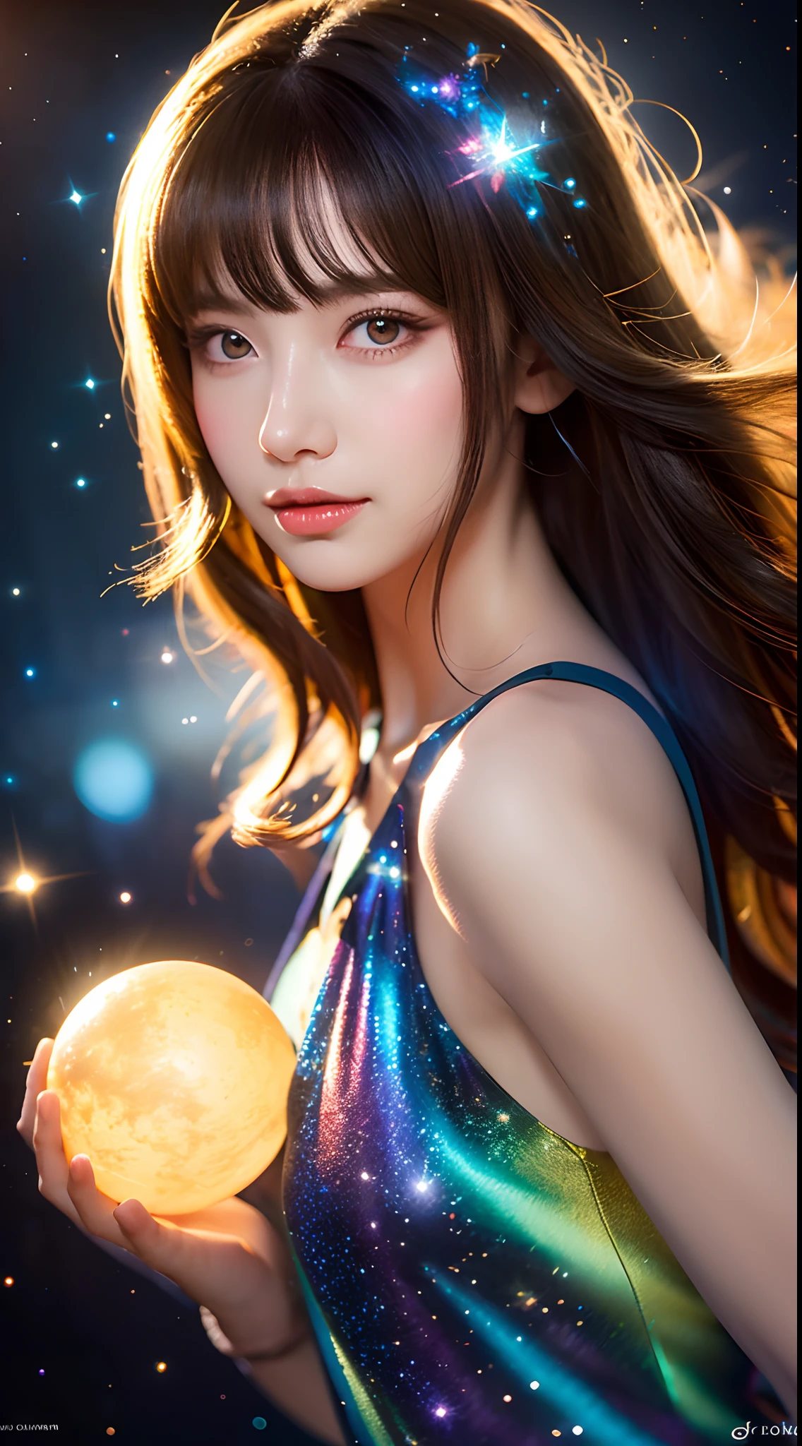 (realistic) A girl in cloud universe with shining stars and galaxy, wearing a (clean and elegant) dress, surrounded by (vibrant and colorful), light particles surround, heaven opens into the swirls of galaxy. Her (beautiful detailed) eyes and (beautiful detailed) lips. The dress is made of a light material. The girl's hair flows down in (loose and natural) curls, adding to her (gentle and carefree) appearance. She is holding a glowing orb that has swirls of colors. The overall image is of (best quality, highres) with (ultra-detailed) textures and (realistic) colors. The color palette dreamy and ethereal atmosphere. The lighting is soft, casting subtle shadows. 8k cinematic, volumetric lighting, golden ratio