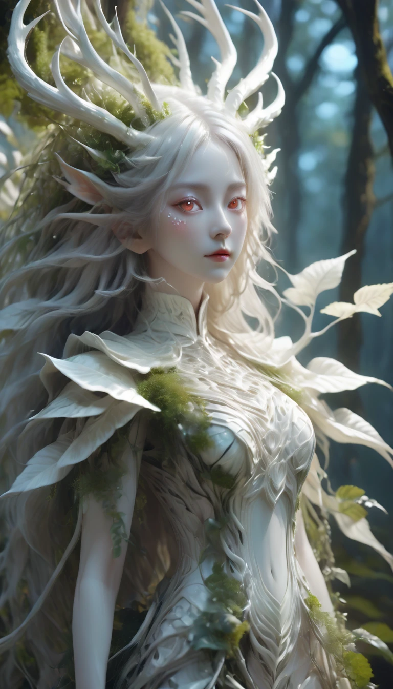 White dragon plant girl,(A girl made from fresh plants),forest,plant,Beautiful psychedelic psychedelic white complex made in detail,Cute face,Long hair,8K,Ultra-fine knots,deer antlers,