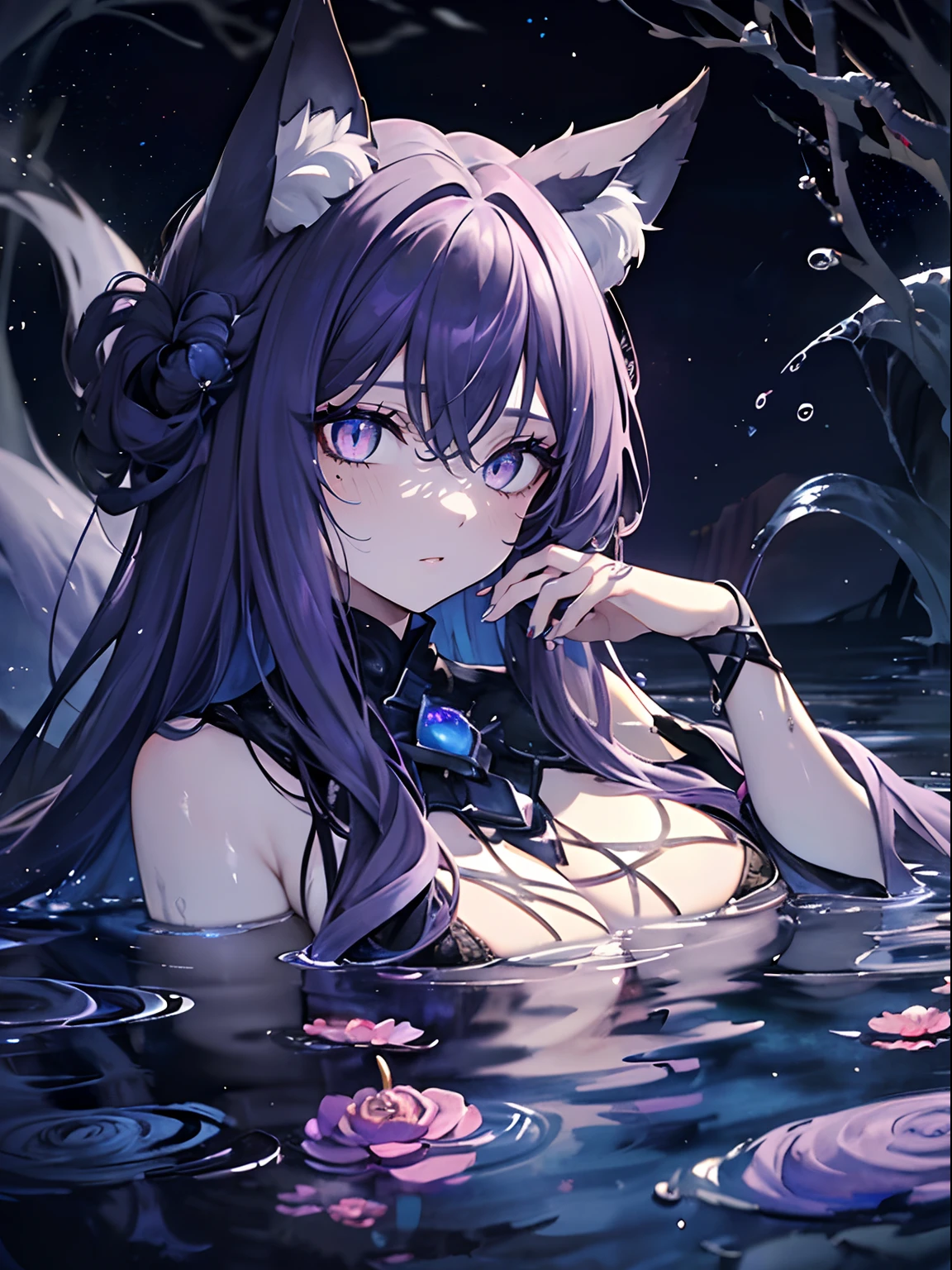 (masterpiece,best quality,ultra-detailed),1girl,dark purple hair,messy hair,thick hair,beautiful and detailed face, detailed eyes,looking at viewer,((grey theme),pale skin,fox ears,glowing eyes,((night)),((dark ambient)),starry sky,(((aquarelle))),lying in water,