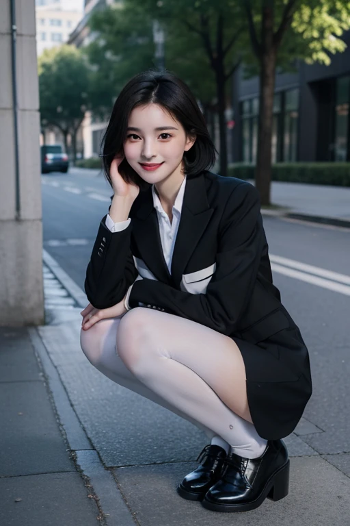 Best quality, full body portrait, delicate face, pretty face, 20 year old woman, teen, short black hair, slim figure, large bust, medium breasts, black stockings with dots, OL uniform, office clothes, black shoes, outdoor scene, squat, white panties, smile,