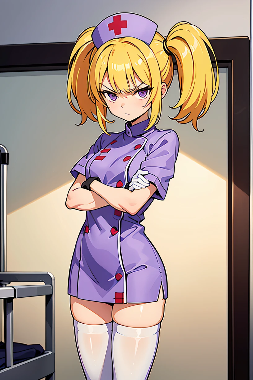 1girl, nurse, nurse cap, white wear, ((white legwear, zettai ryouiki)), white gloves, twintails, yellow hair, purple eyes, angry, crossed arms, standing, ((hospital room)), sharp outline, short sleeves, best quality, masterpiece