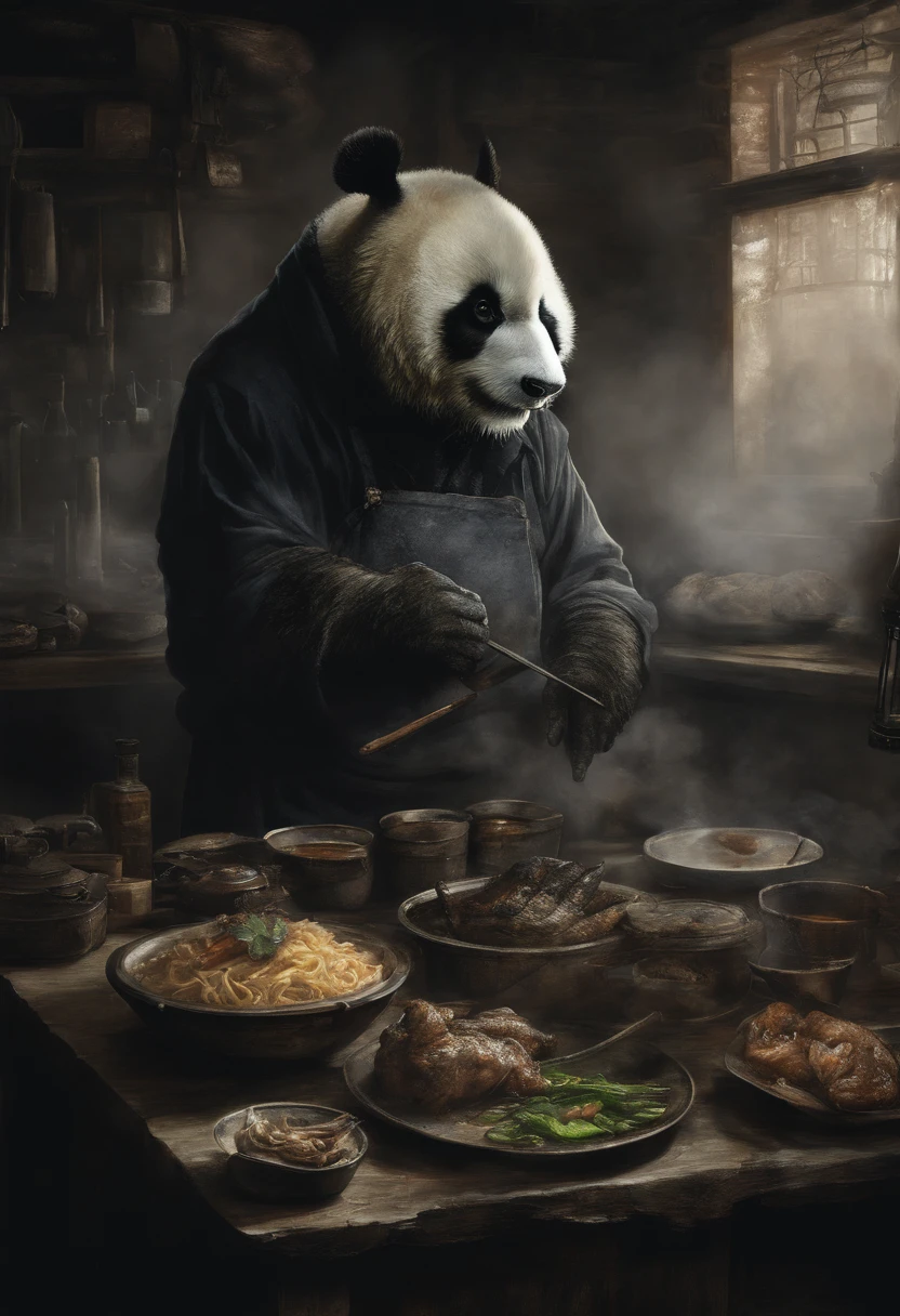 Painting by Jean-Baptiste Monge, Realistic, 真实感, Capture a touching moment, When a giant fluffy panda in a chef's apron, with a Prvara cap on his head, Standing behind the stove in a restaurant., Crowded restaurant, Old Vintage BD Restaurant, People look at him, Savoring a plate of nasi lemaka, Fried Chicken, and a glass of icy cute. A panda's face should glow with pure happiness and wonder, With a mouthful of Naxi Lemak, It doesn't matter, that it's the first time to try this beloved Malaysian dish, 4k, dramatic lighting, tension, Smoke effect, A lot of smoke, The kitchen is lit in the background,