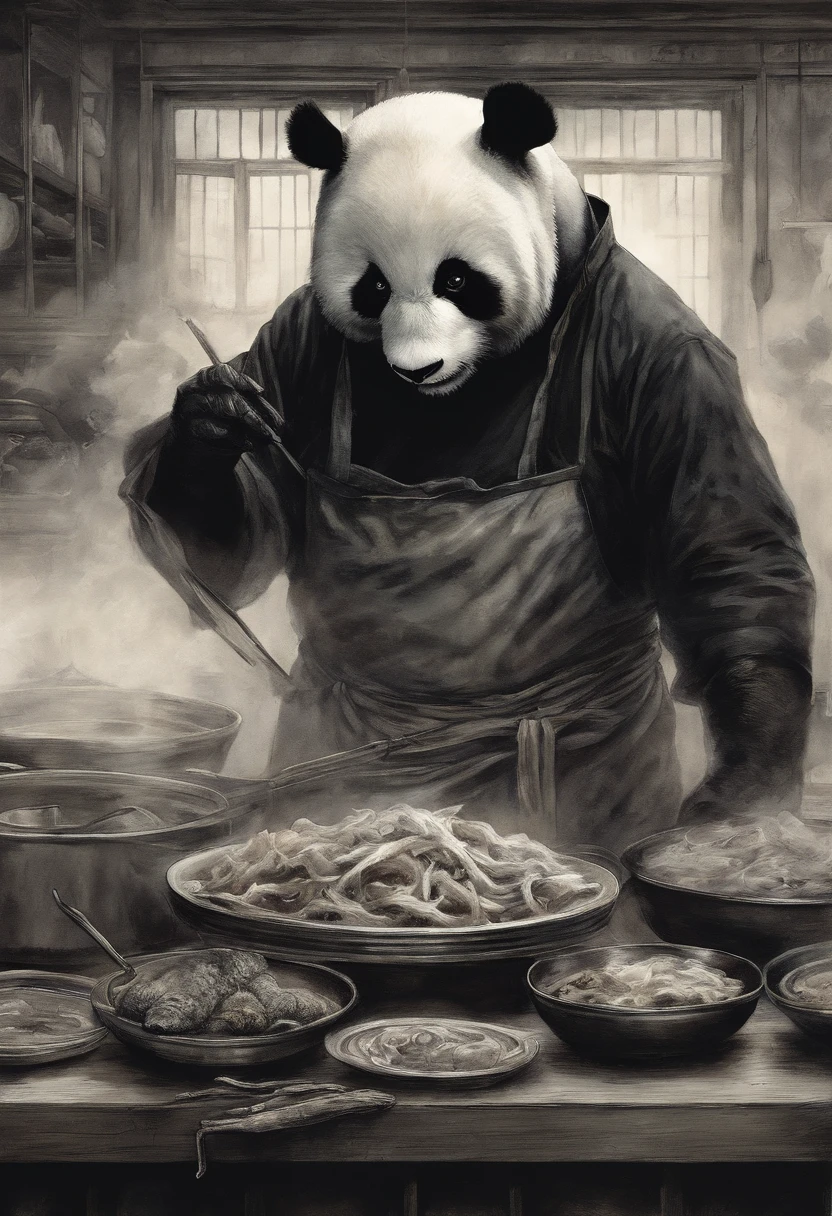 Painting by Jean-Baptiste Monge, Realistic, 真实感, Capture a touching moment, When a giant fluffy panda in a chef's apron, with a Prvara cap on his head,  Standing behind the stove in a restaurant., Crowded restaurant, Old Vintage BD Restaurant, People look at him, Savoring a plate of nasi lemaka, Fried Chicken, and a glass of icy cute. A panda's face should glow with pure happiness and wonder, With a mouthful of Naxi Lemak, It doesn't matter, that it's the first time to try this beloved Malaysian dish, 4k, dramatic  lighting, tension, Smoke effect, A lot of smoke, The kitchen is lit in the background,
