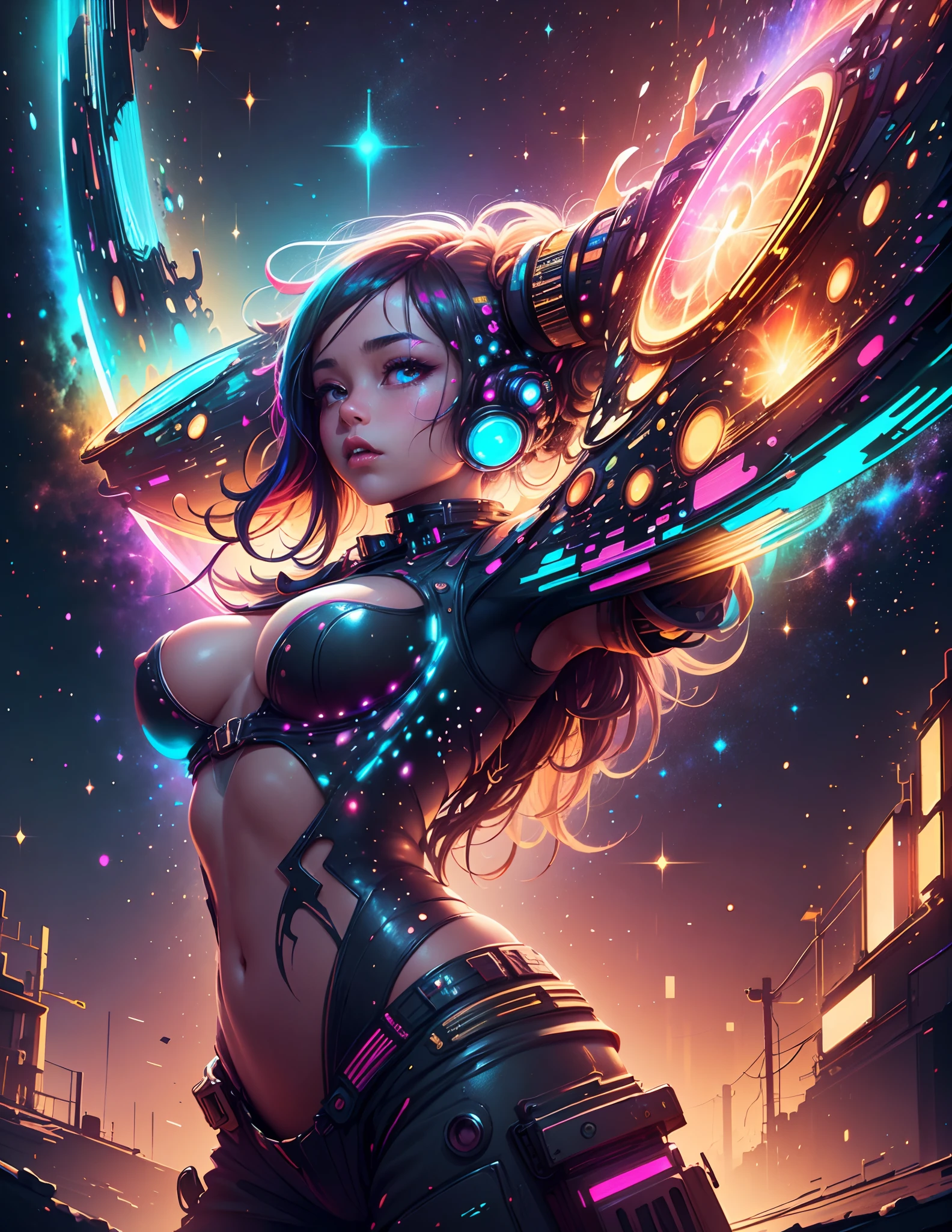 Girl standing in the clouds staring up as the stars, stars floating around her, glowing orb in front of her, brilliant colors, amazing swirls of cosmic dust, colorful vibrant, light particles, Create digital artwork in the Pop Art style, Featuring a vibrant and confident young Asian girl,street fashion (breast), Movie color scheme, Surrounded by vintage flower motifs, Vibrant brushstrokes,Emotions should be dynamic, Upper body, Drawing, illustration, 8k cinematic, golden ratio, golden hour, light particles, vibrant swirls, galaxy, universe abound