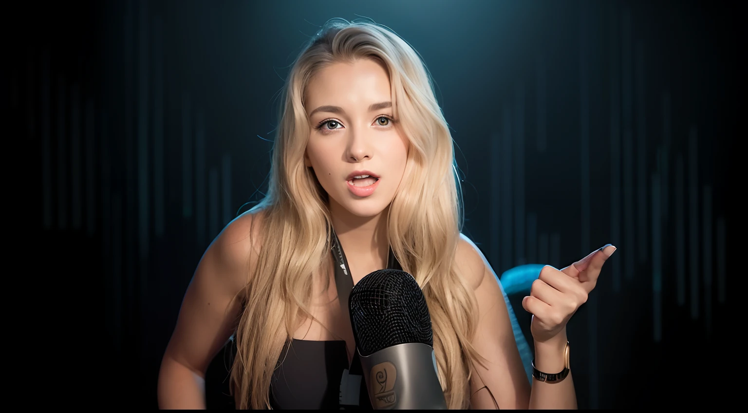 a young blonde woman speaking into a microphone on dark background with financial market graphic designs