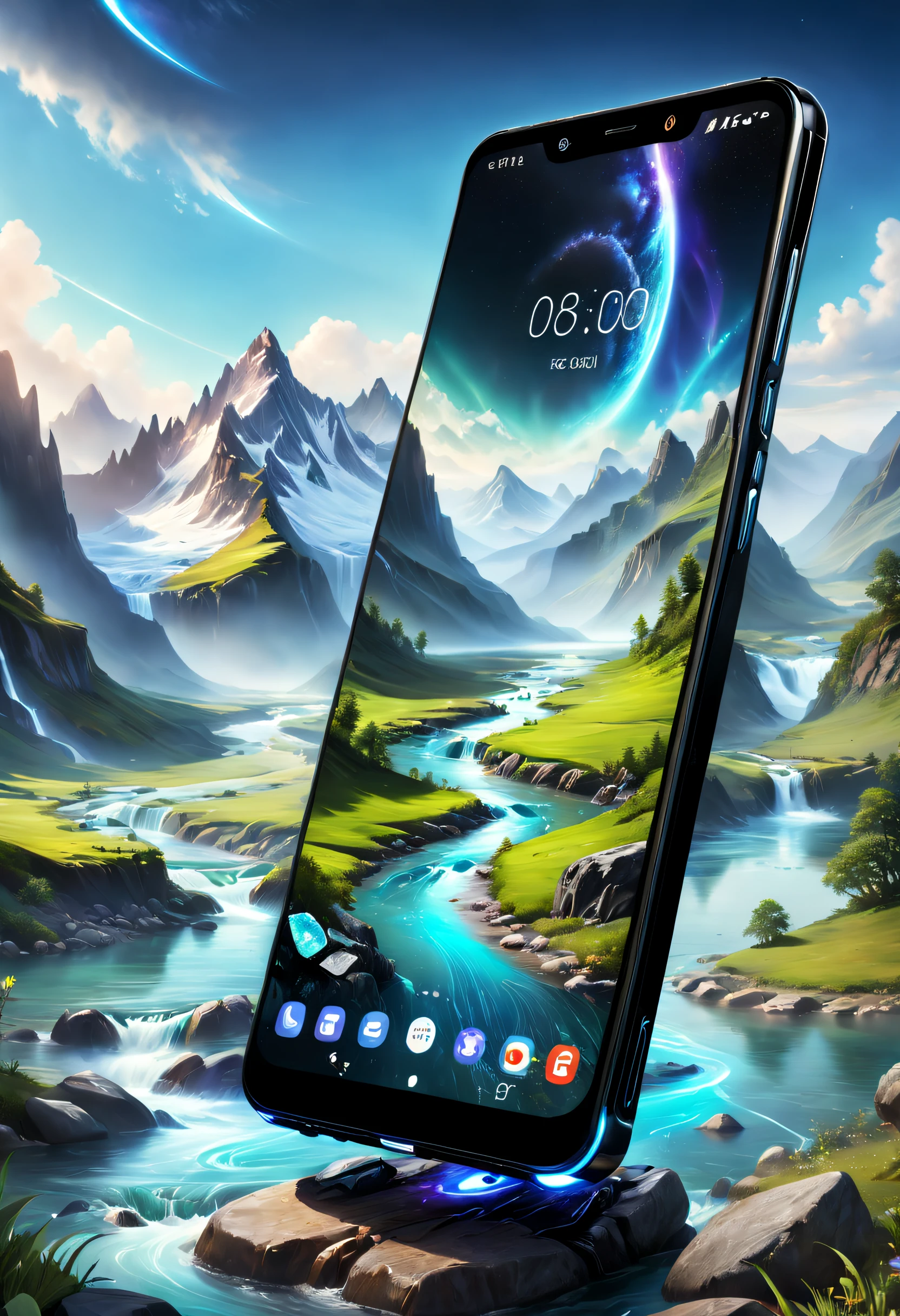 tmasterpiece，Best quality at best，high high quality，extremely detaile，8K，Futuristic ethereal close-up of a mobile phone, smartphone, Beautiful outdoor setting, Mountains and rivers meet fantasy, Futuristic phone， smartphone, Take a picture with your phone, Otherworldly technology, High-tech mobile phone，This image shows a black phone，The brand of the phone is Nokia，Mobile phone real shot，The background of the phone screen is landscape, Scenery meets fantasy, phone photo, cell phone, cellular phone, Handheld, Hyper-realistic，shutter inventory