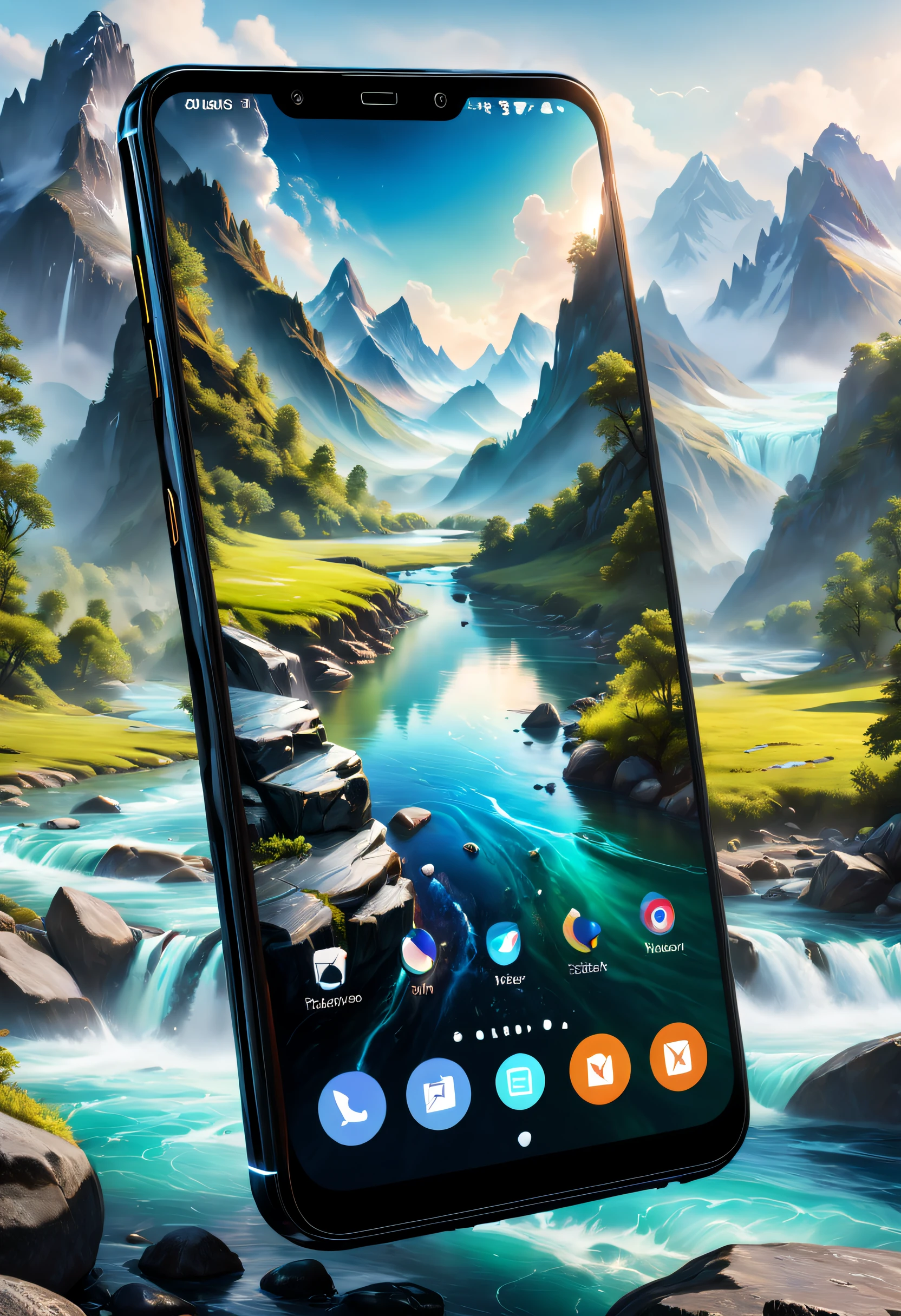 tmasterpiece,Best quality at best,high high quality,extremely detaile,8K,Futuristic ethereal close-up of a mobile phone, smartphone, Beautiful outdoor setting, Mountains and rivers meet fantasy, Futuristic phone, smartphone, Take a picture with your phone, Otherworldly technology, High-tech mobile phone,This image shows a black phone,The brand of the phone is Nokia,Mobile phone real shot,The background of the phone screen is landscape, Scenery meets fantasy, phone photo, cell phone, cellular phone, Handheld, Hyper-realistic,shutter inventory