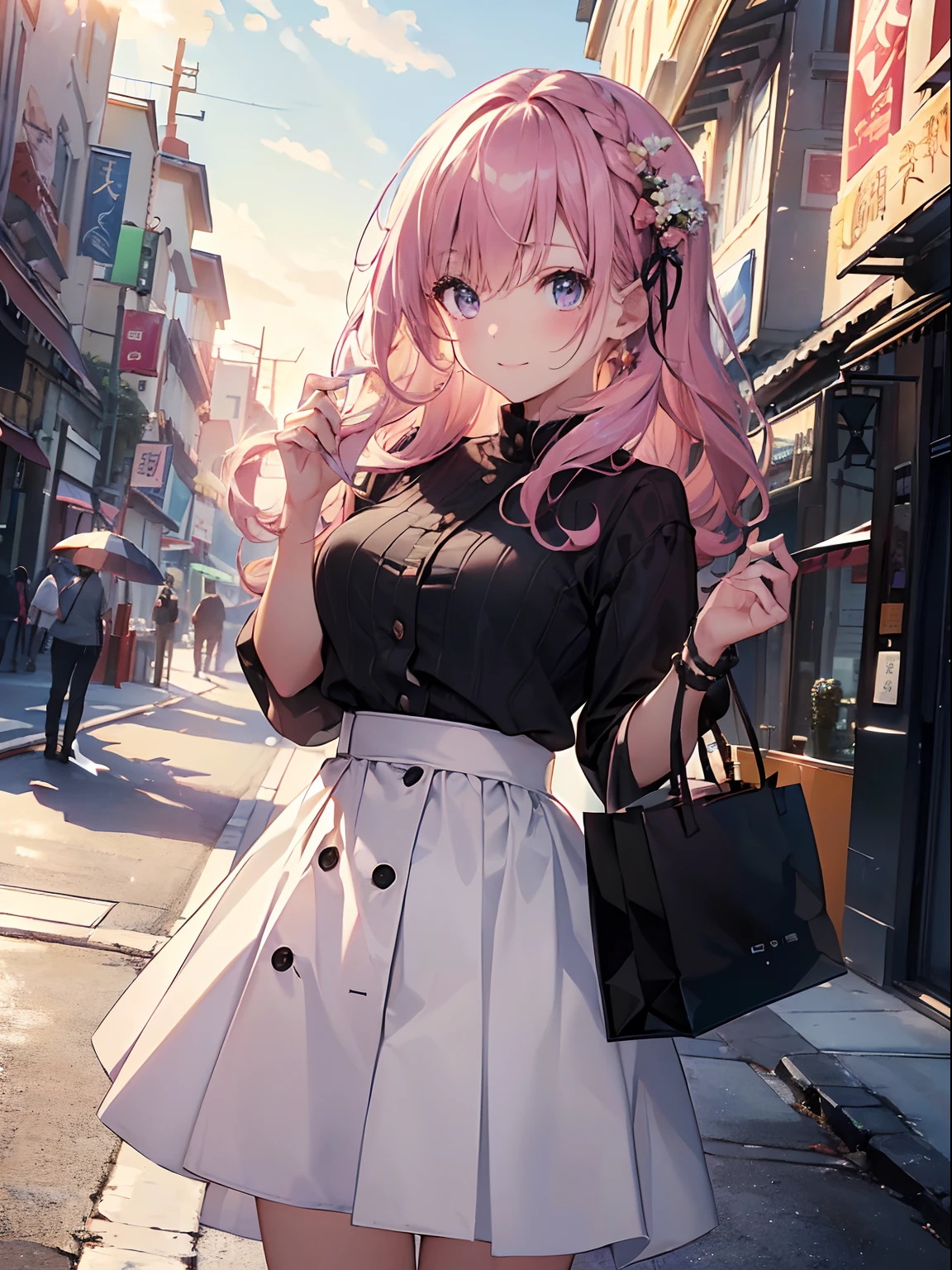 (8K、top-quality、​masterpiece:1.2)、(reallistic、Photorealsitic:1.2)、Holiday Afternoon、Little girl enjoying shopping、Beautiful sky、watching at viewers、A smile、large full breasts、Fine and beautiful eyes、Variety of hairstyles、Variety of hair colors、Different hair lengths、appearance々Eye color、 Everyday clothes、Fashionable clothes、Pink skirt