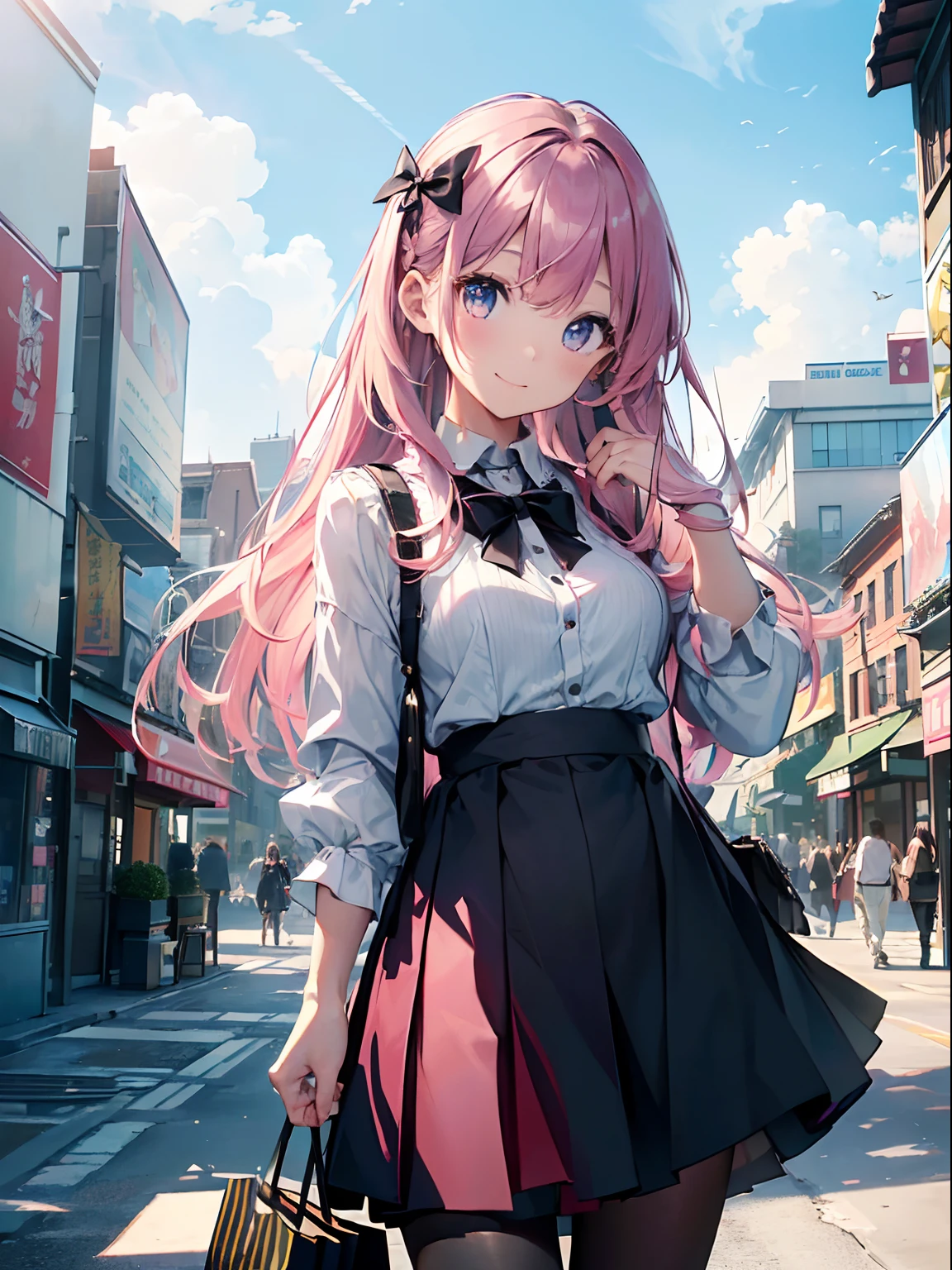 (8K、top-quality、​masterpiece:1.2)、(reallistic、Photorealsitic:1.2)、Holiday Afternoon、Little girl enjoying shopping、Beautiful sky、watching at viewers、A smile、large full breasts、Fine and beautiful eyes、Variety of hairstyles、Variety of hair colors、Different hair lengths、appearance々Eye color、 Everyday clothes、Fashionable clothes、Pink skirt