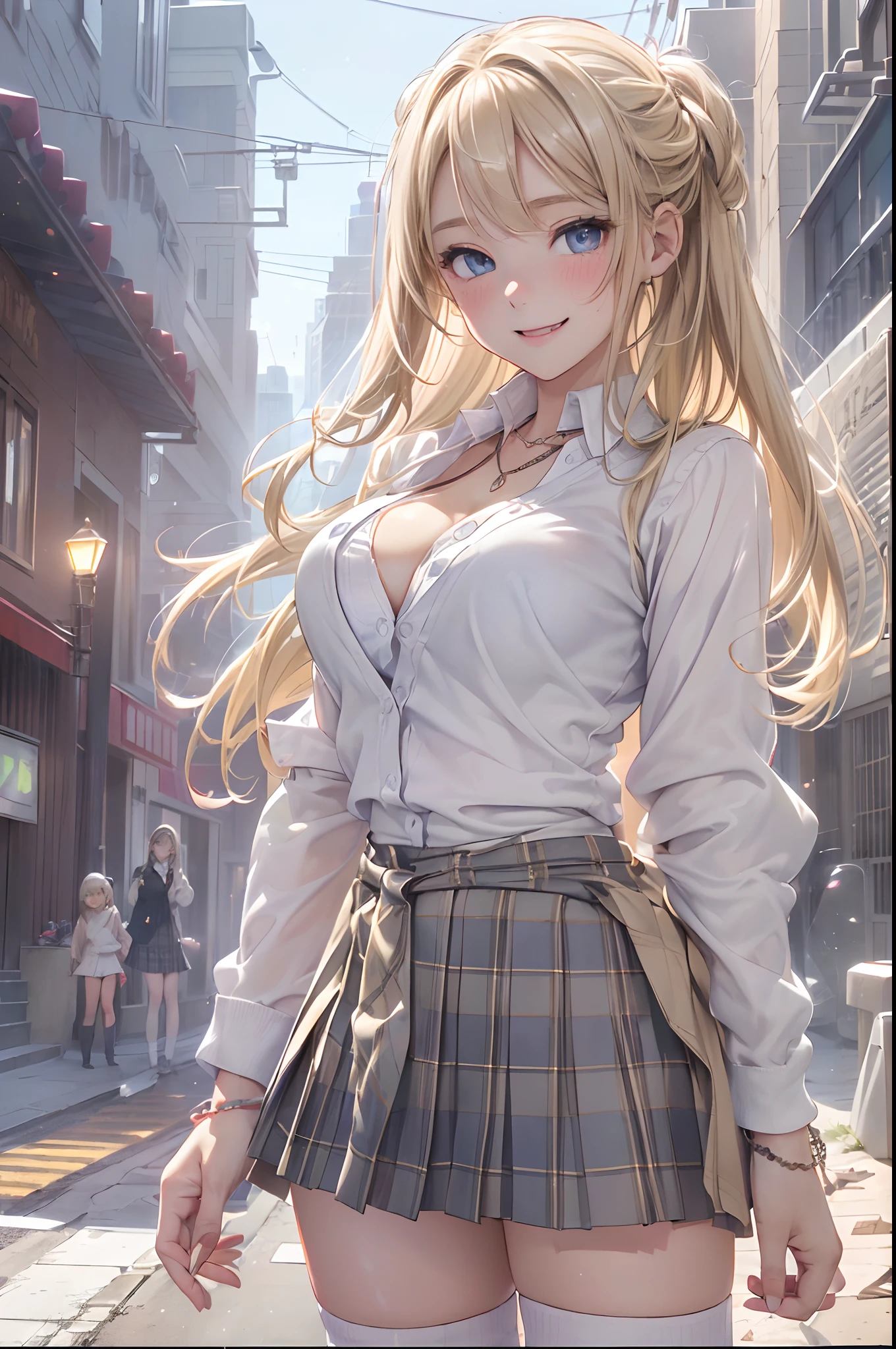absurderes, ultra-detailliert,bright colour,(in 8K:1.3),masuter piece,extremely beautiful detailed face and eyes,(School Uniforms:1.2), (gals:1.2), (White shirt:1.3), (Wrap a beige cardigan around your waist:1.3), ((cleavage, Unbuttoned):1.2), (Plaid pleated skirt:1.2), (Necklace,Colorful bracelets,(Loose socks:1.4),city light,Particles of light,natta, outside of house,Power lines, shooting stars,Skyscraper, 独奏,Winters、(Smooth straight blonde hair:1.3), (Shiny hair:1.2), Delicate beautiful face, red blush、Deep Blue Eyes, (Happy smiling face:1.2),Put your hands on your hips