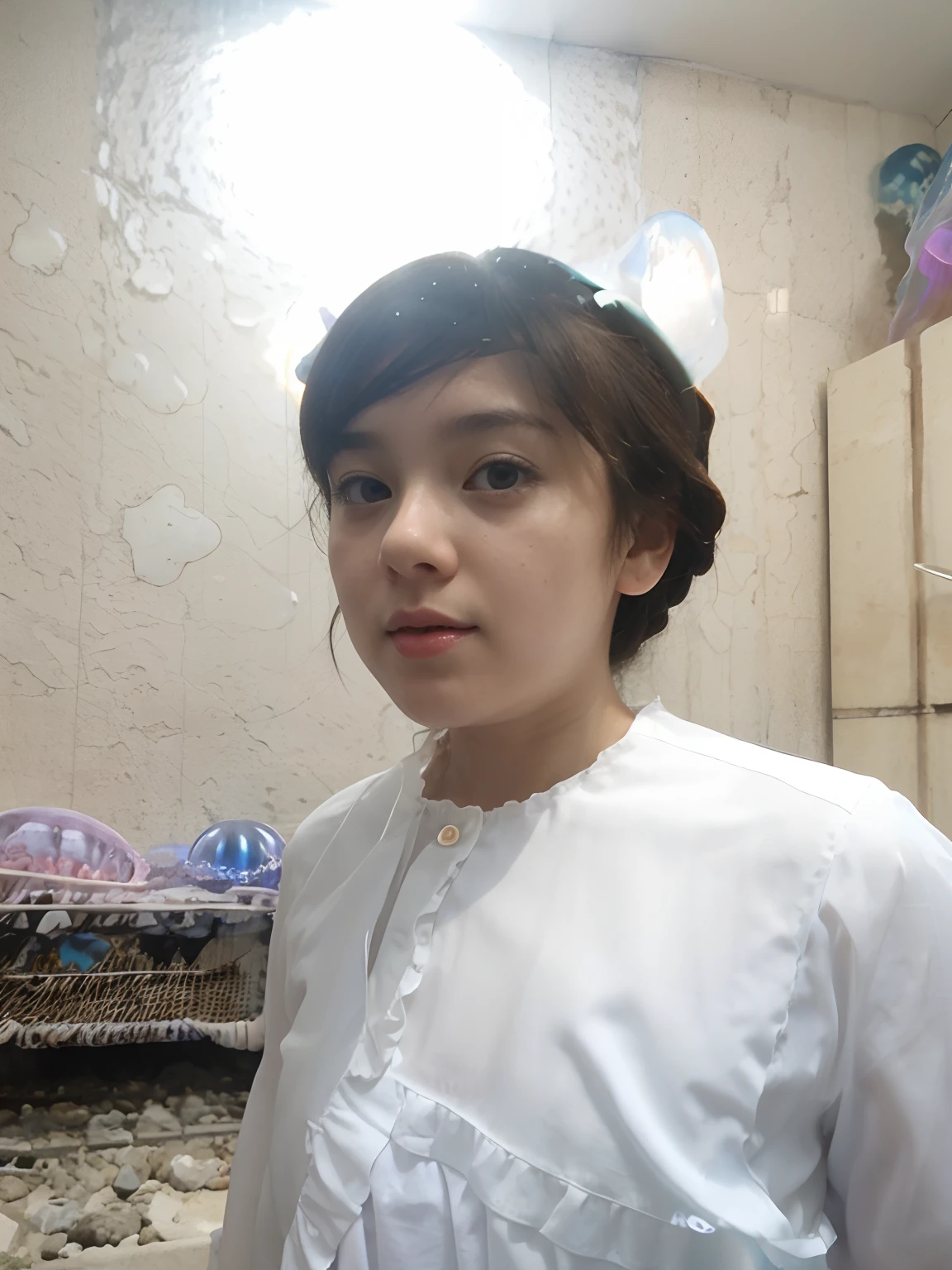 cute girl yeah,flat chest,kawaii,(jellyfish girl:1.2), arms behind back,underwater,frilled dress,