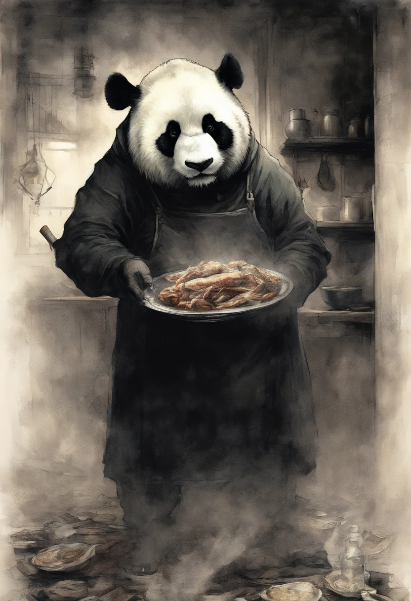 Painting by Jean-Baptiste Monge, Realism, 真实感, Capture a touching moment, When a giant fluffy panda in a chef's apron, with a Praar hat on her head, Standing behind the stove in a restaurant., On the stove there is a skuward with other meat. Crowded restaurant, Old Vintage BD Restaurant, People look at him, Savoring a plate of nasi lemaka, Fried Chicken, and a glass of ice cutie. A panda's face should glow with pure happiness and wonder, With a mouthful of Naxi Lemak, no matter, that it's the first time, to try this favorite Malaysian dish, 4k, dramatic lighting, tension, Smoke effect, A lot of smoke, The kitchen is lit in the background,