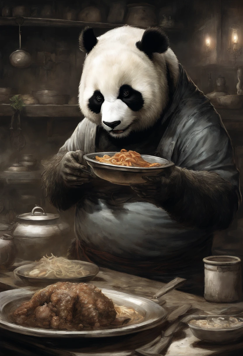 Painting by Jean-Baptiste Monge, Realism, 真实感, Capture a touching moment, When a giant fluffy panda in a chef's apron, with a Praar hat on her head, Standing behind the stove in a restaurant., On the stove there is a skuward with other meat. Crowded restaurant, Old Vintage BD Restaurant, People look at him, Savoring a plate of nasi lemaka, Fried Chicken, and a glass of ice cutie. A panda's face should glow with pure happiness and wonder, With a mouthful of Naxi Lemak, no matter, that it's the first time, to try this favorite Malaysian dish, 4k, dramatic lighting, tension, Smoke effect, A lot of smoke, The kitchen is lit in the background,