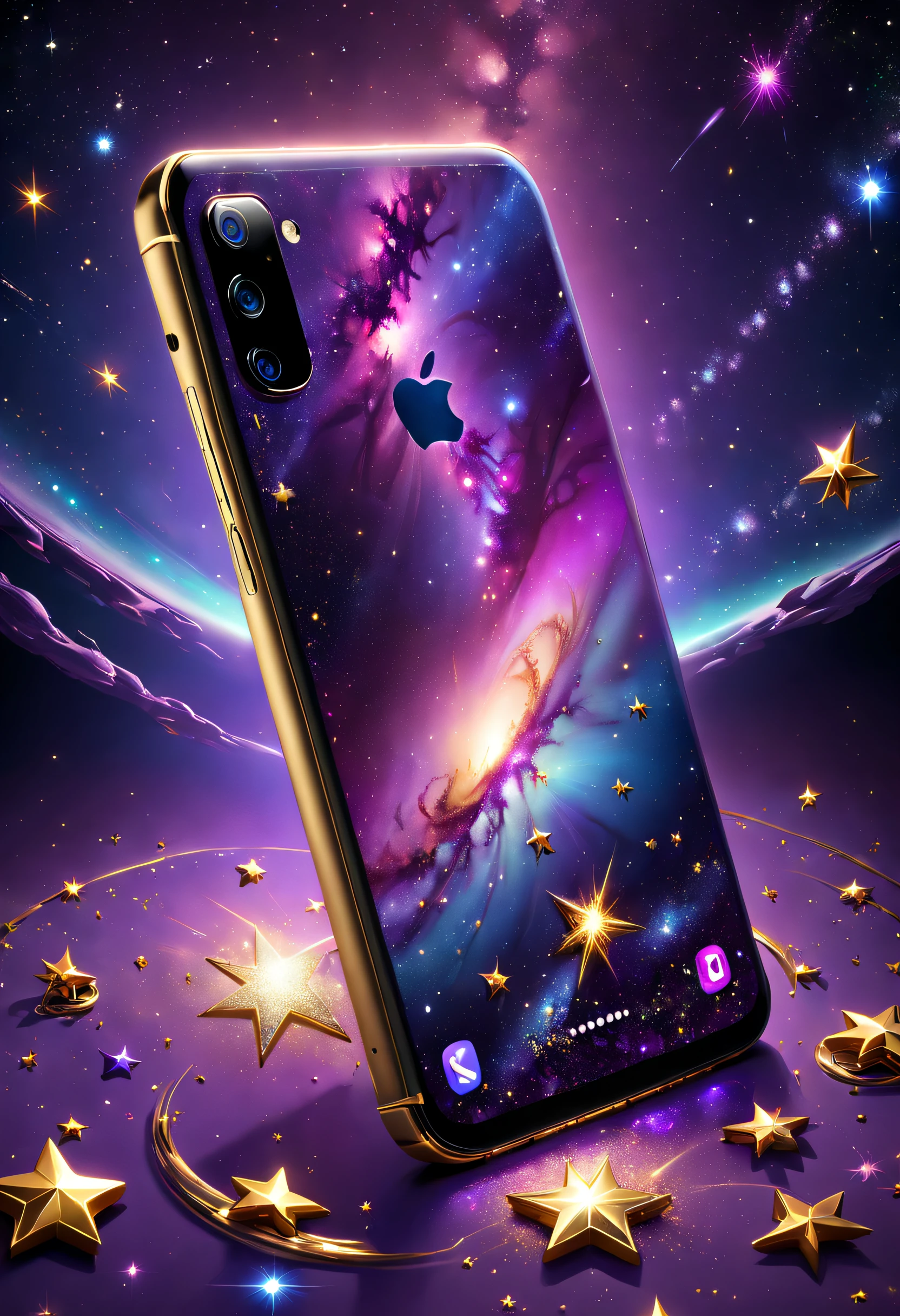 hyper HD, Super detail, Best quality, High details, 1080p, 16k, A high resolution,Phone close-up,A smartphone with a sparkling surface, Amazing smartphones, smartphone,Star-studded smartphones, purple sparkles, gold and purple, Glittering smartphones, glowing purple, The background is the mysterious cosmic starry sky,smartphone photography, smartphone,(The best illustrations),(The best shadow),Isometric 3D.Octane rendering,Hyperrealistic