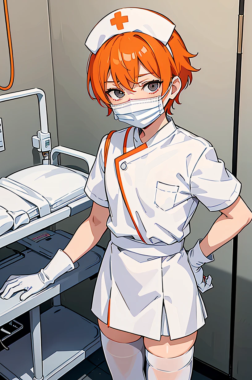 1 boy, alone, male focus, nurse, nurse cap, Whiteware, ((white legwear, zettai ryouiki)), white gloves, short hair, orange hair, ((White surgical mask, Covered nose)), Are standing, ((hospital room)), sharp outline, short sleeve, Shota, ************, highest quality, masterpiece