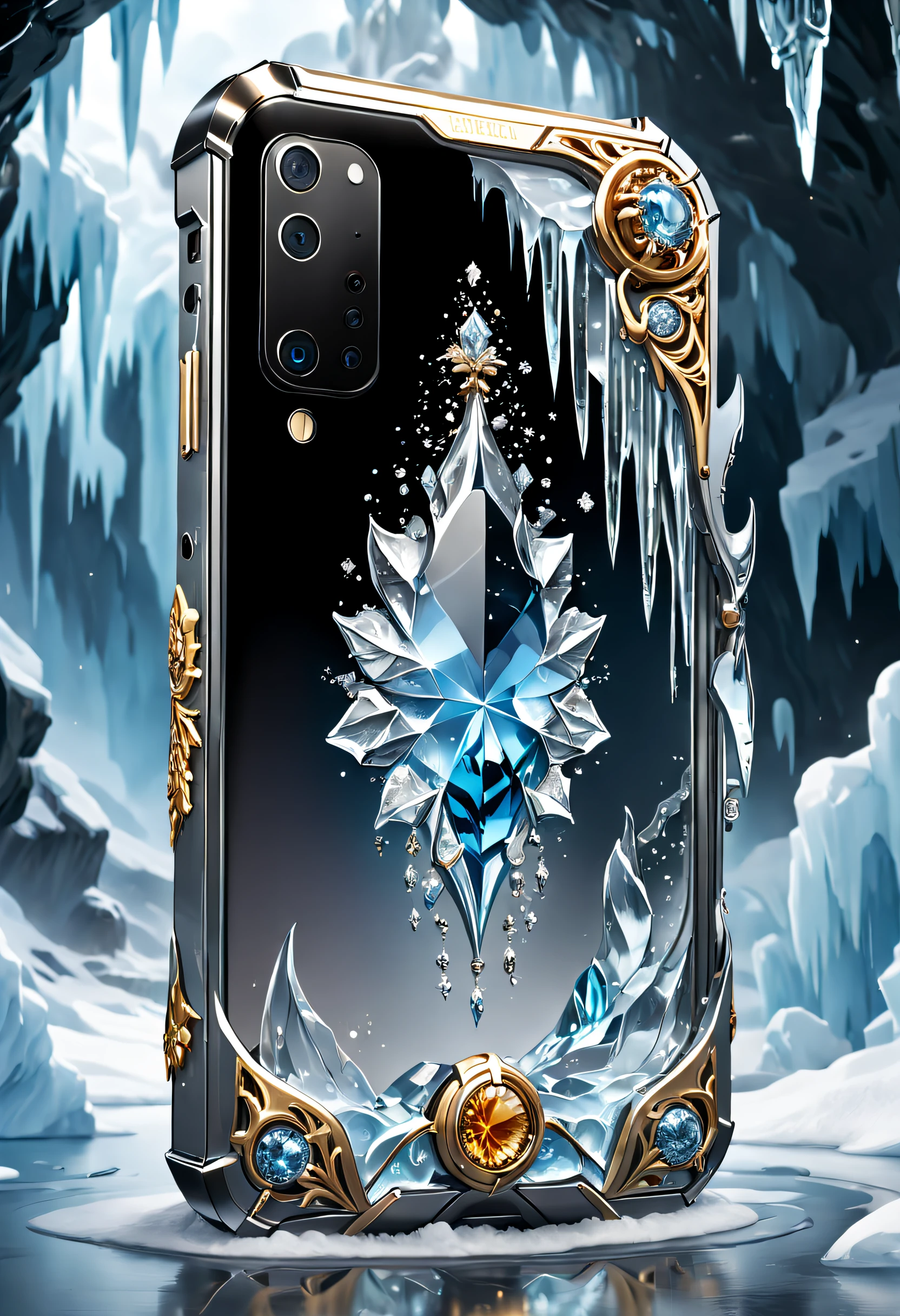 (8K, 16k, Award-winning, Highest quality, Highest resolution, Super detail, High detail, Anatomically correct, Masterpiece, Stunning beauty), (metal ring: 1.3), Smartphones inside icicles , smartphone, delicate craftsmanship , Legendary smartphones, Rare and precious, Intricate details, Smartphones are made of a metal called orichalcum, There are no gemstones, (Ancient characters are engraved on the inside of the smartphone: 1.2), Impeccable, Platinum, White, Gold and silver, Trapped in a world of ice and snow.
