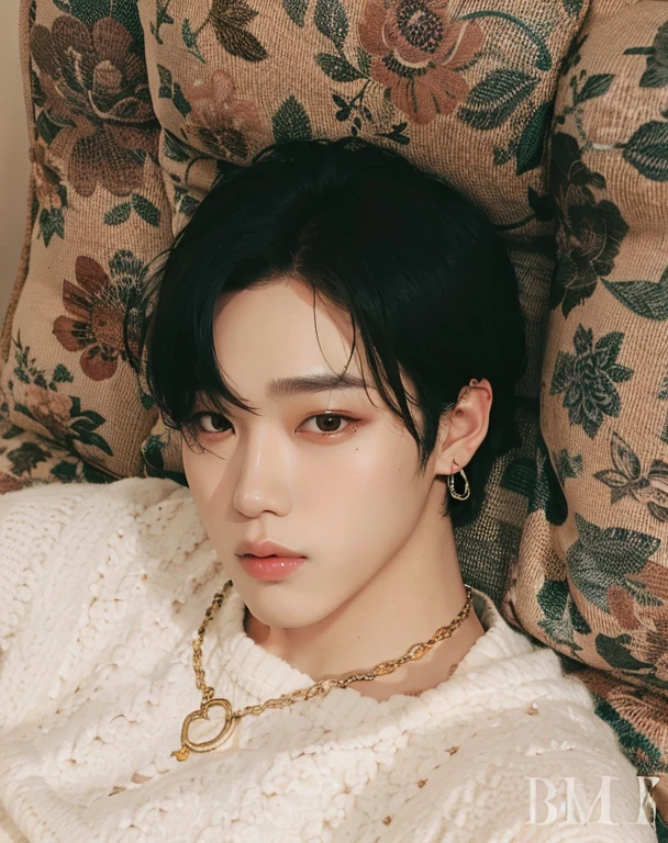 A closeup of a person lying on a sofa with a flowery background, Jimin, Kim Doyoung, Jimin\Nariz grego, Parque Jimin, Jimin\Plump lips, Jimin\'s right eyelid swollen, Jung Jaehyun, Retrato de Jossi de Blackpink, Hyung Tae, Rosto Jimin preciso, TaeJune Kim, Jinyoung Canela