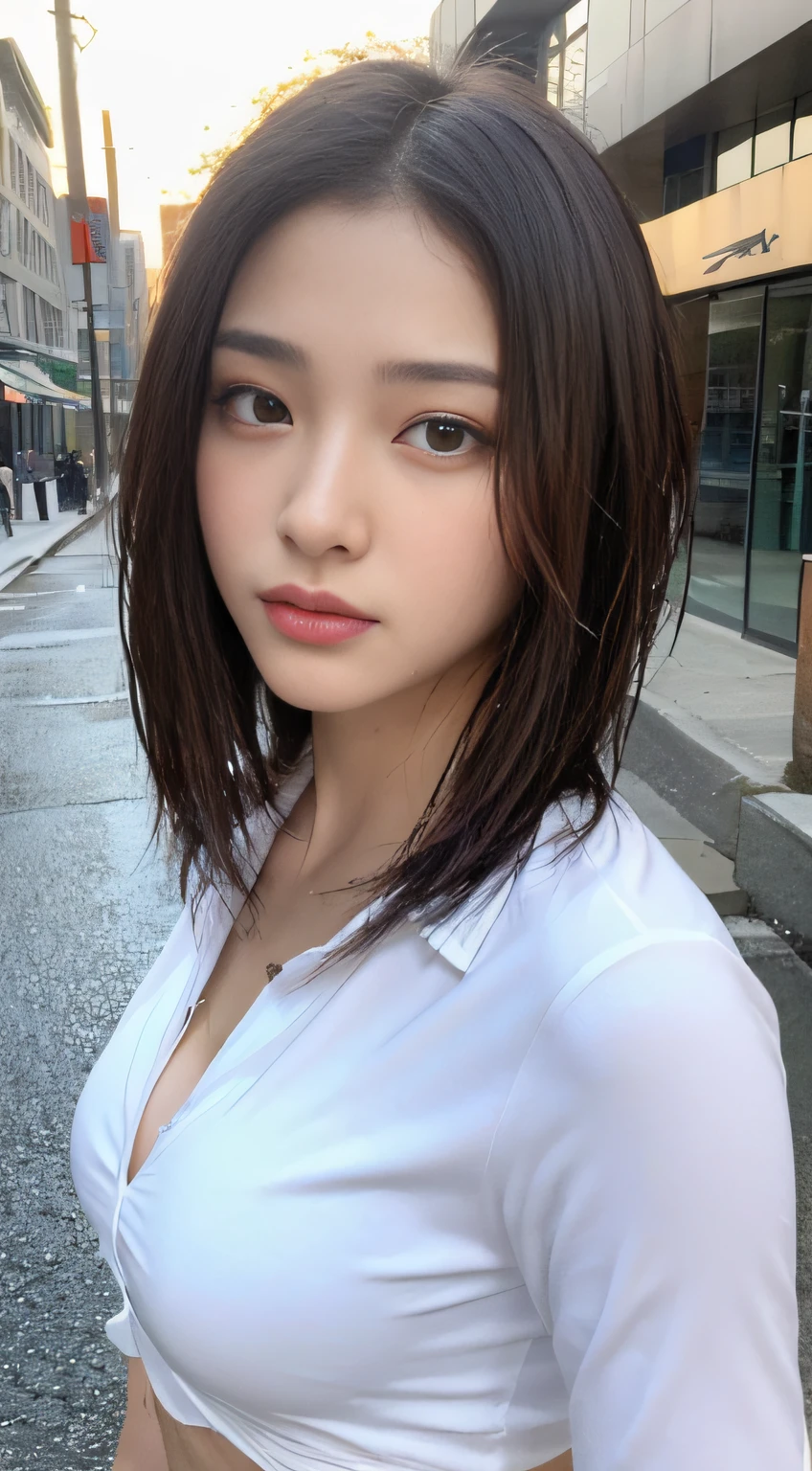 ((Best quality, 8k, Masterpiece: 1.3)), Sharp focus: 1.2, A beautiful woman with perfect body: 1.4, Slim abdomen: 1.2, ((Layered haircut, Large breasts: 1.2)), (no bra) (Small and beautiful hard nipple) (Thin and damp button up to shirt length: 1.1), (White shirt wet by rain), (Rain, Street: 1.2), Wet body: 1.1, Highly detailed face and skin texture,  Detailed eyes, Double eyelid, tanned skin, sexy, tan