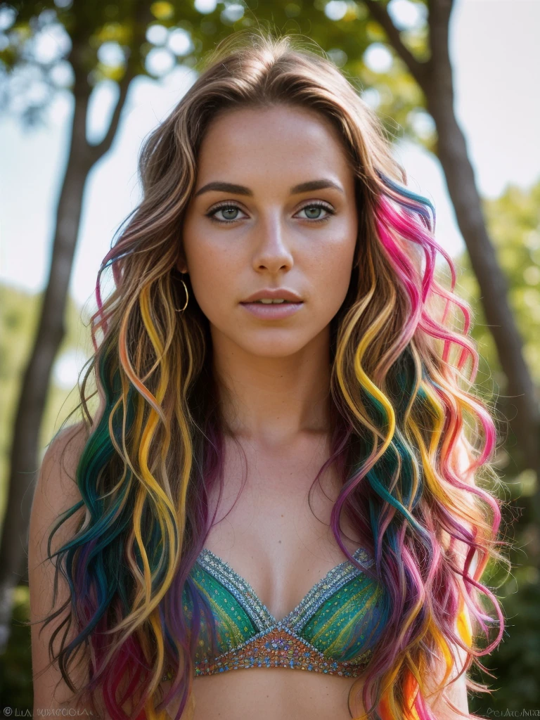(Masterpiece, 8k, ultra high res, hyper detailed), ((full body)) portrait photo of a beautiful 25 years european woman standing in various poses in a music festival, endless long (extra long wavy (((multi-colored dyed))) hair), flawless face, rule of thirds, realistic perfect eyes and pupils, ((green eyes)),realistic sexy full lips, delicate perfect upturned nose, highly detailed hair,((detailed facial features)), (highly detailed skin), paled skin, realistic skin texture, extreme skin details, (skin pores:1.2),wearing 70s hippy fashion clothing, nice legs, insane details, intricate details, amazing fine detail, photorealism, hyperrealism, lifelike textures, neutral colors, contrast lighting, dramatic lighting, backlight on hair, sharp focus, depth of field, film grain, dslr, raw photo, photographed with Nikon on Kodak400