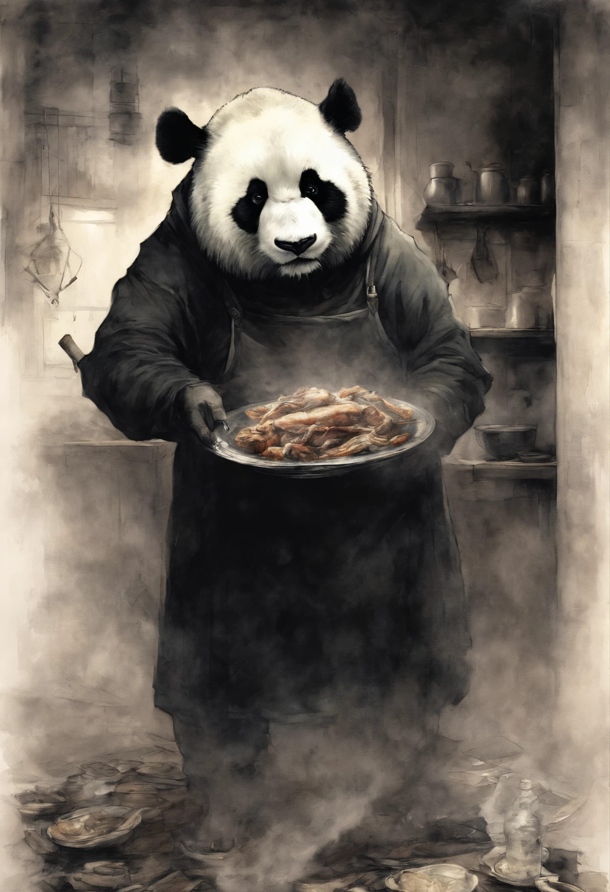 Painting by Jean-Baptiste Monge, Realism, 真实感, Capture a touching moment, When a giant fluffy panda in a chef's apron, with a Praar hat on her head, Standing behind the stove in a restaurant., On the stove there is a skuward with other meat. Crowded restaurant, Old Vintage BD Restaurant, People look at him, Savoring a plate of nasi lemaka, Fried Chicken, and a glass of ice cutie. A panda's face should glow with pure happiness and wonder, With a mouthful of Naxi Lemak, no matter, that it's the first time, to try this favorite Malaysian dish, 4k, dramatic lighting, tension, Smoke effect, A lot of smoke, The kitchen is lit in the background,