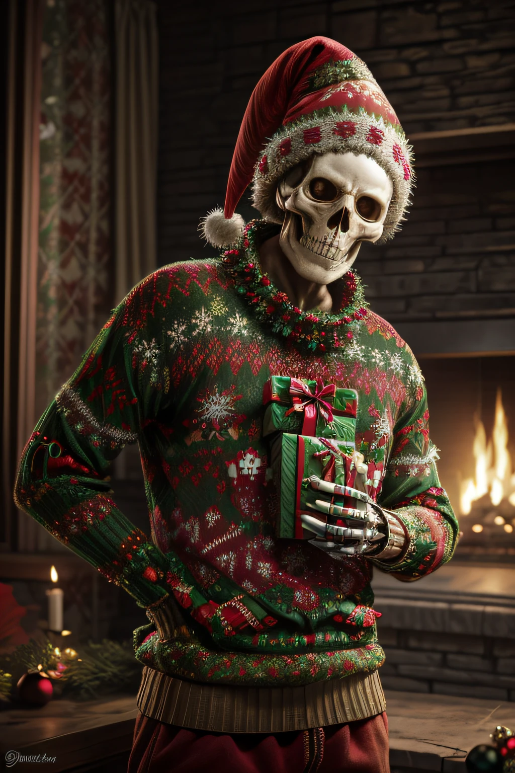 fantasy art of an skeleton wearing an ((ugly christmas sweater))
