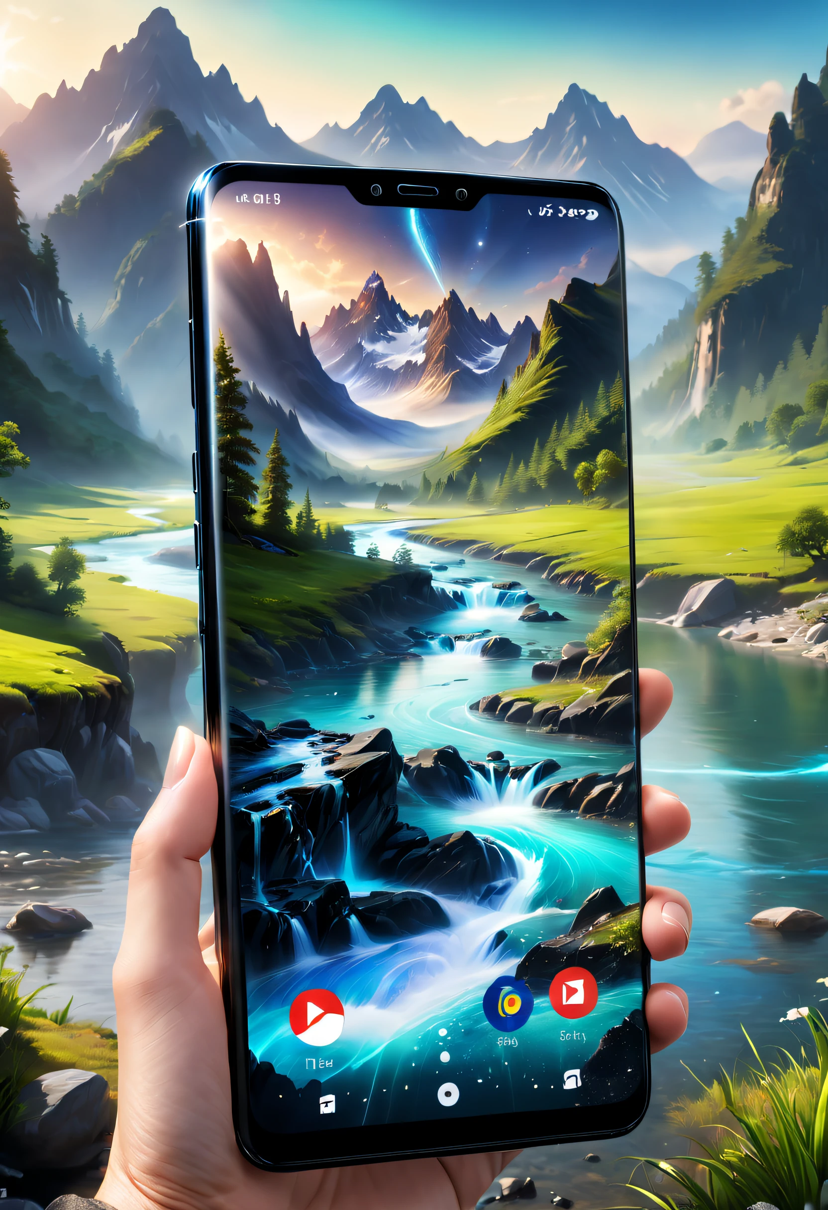 tmasterpiece,Best quality at best,high high quality,extremely detaile,8K,Futuristic ethereal close-up of a mobile phone, smartphone, Beautiful outdoor setting, Mountains and rivers meet fantasy, Futuristic phone, smartphone, Take a picture with your phone, Otherworldly technology, High-tech mobile phone,This image shows a black phone,The brand of the phone is Nokia,Mobile phone real shot,The background of the mobile phone screen is landscape, Scenery meets fantasy, phone photo, cell phone, cellular phone, Handheld, Hyper-realistic,shutter inventory