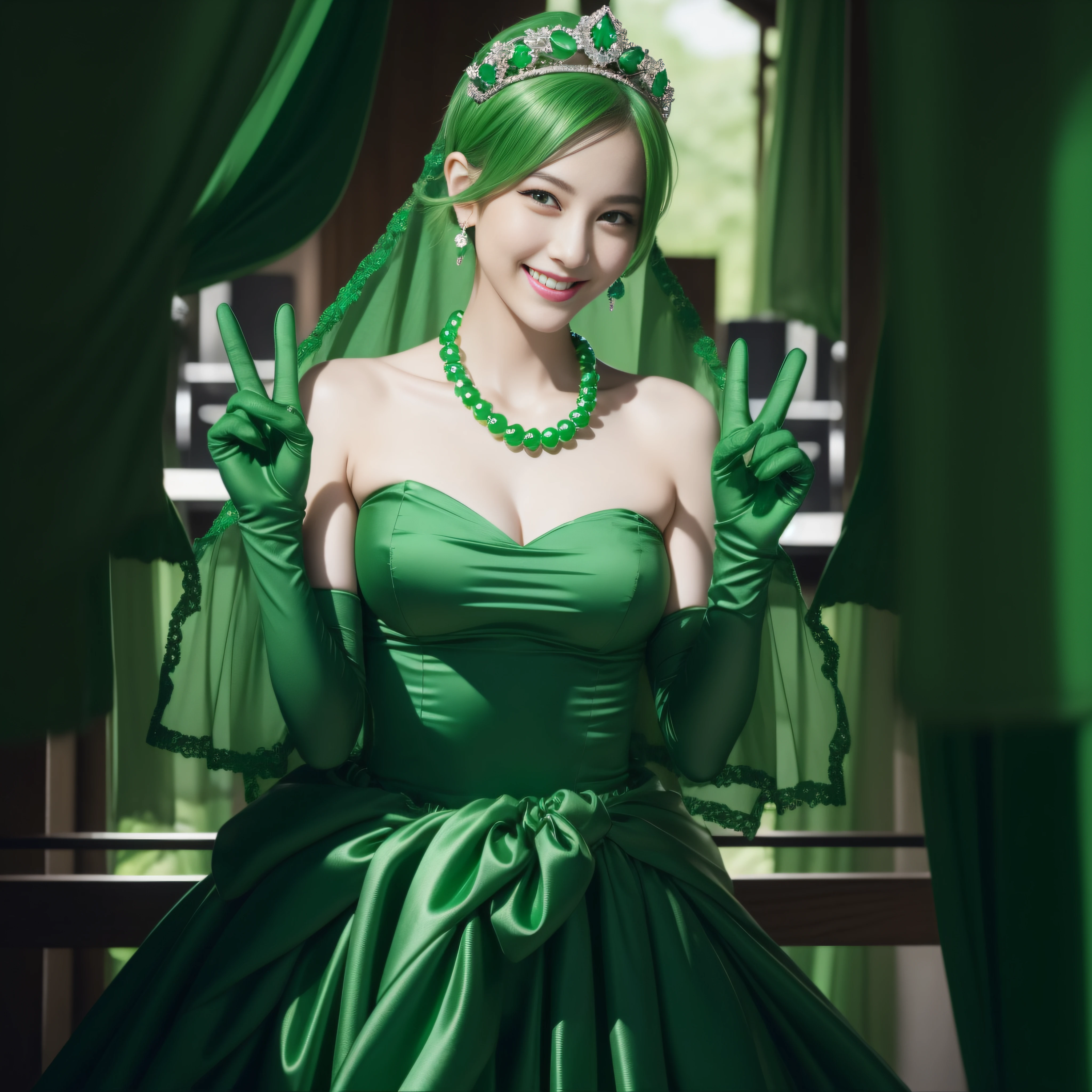 emerald tiara, Green Pearl Necklace, Boyish very short green hair, lipsticks, Japan woman smiling, very short short hair, big breasts beautiful, Green eyes, Long green gloves made of satin material, Green eyes, Emerald Earrings, green vale, v sign