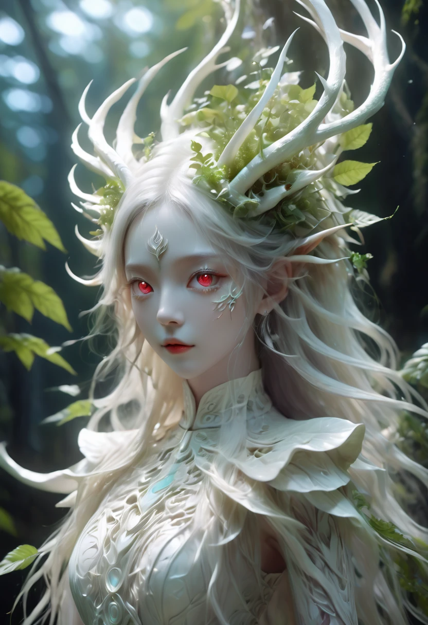 White dragon plant girl,(A girl made from fresh plants),forest,plant,Beautiful psychedelic psychedelic white complex made in detail,Cute face,Long hair,8K,Ultra-fine knots,deer antlers,