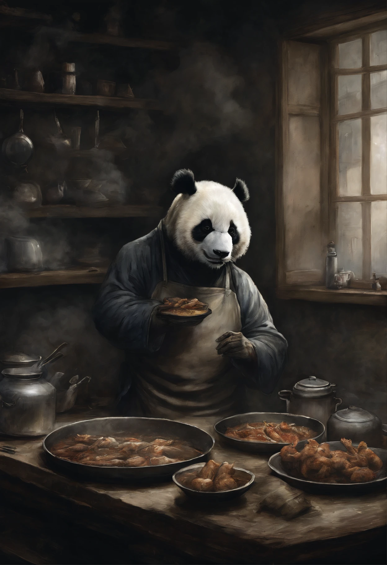 Painting by Jean-Baptiste Monge, 真实感, Realism, Capture a touching moment, When a giant fluffy panda in a chef's apron, with Prvar's hat on his head, Standing at the stove in a restaurant., Crowded restaurant, Old Vintage BD Restaurant, People look at him, Savoring a plate of nasi lemaka, Fried Chicken, and a glass of ice cutie. A panda's face should glow with pure happiness and wonder, With a smile on his face, no matter, What To Try For The First Time – Your Favorite Chicken Wings , 4k, Good lighting from large windows, 真实感, Smoke effect, A lot of smoke, The kitchen is lit in the background,