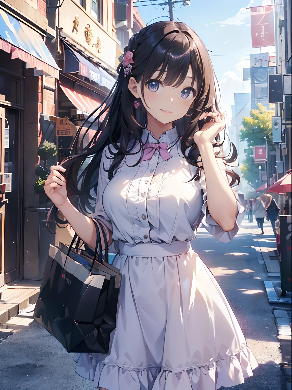 (8K、top-quality、masterpiece:1.2)、(reallistic、Photorealsitic:1.2)、Holiday Afternoon、Little girl enjoying shopping、Beautiful sky、watching at viewers、A smile、large full breasts、Fine and beautiful eyes、Variety of hairstyles、Variety of hair colors、Different hair lengths、appearance々Eye color、 Everyday clothes、Fashionable clothes、Pink skirt